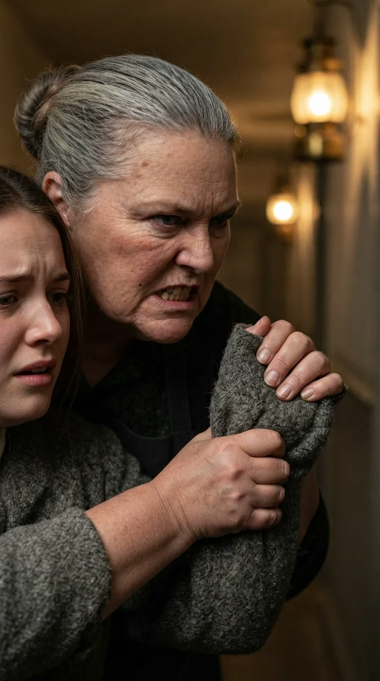 Close on Trudie's nails digging into Fenna's sleeve, her cold face near.