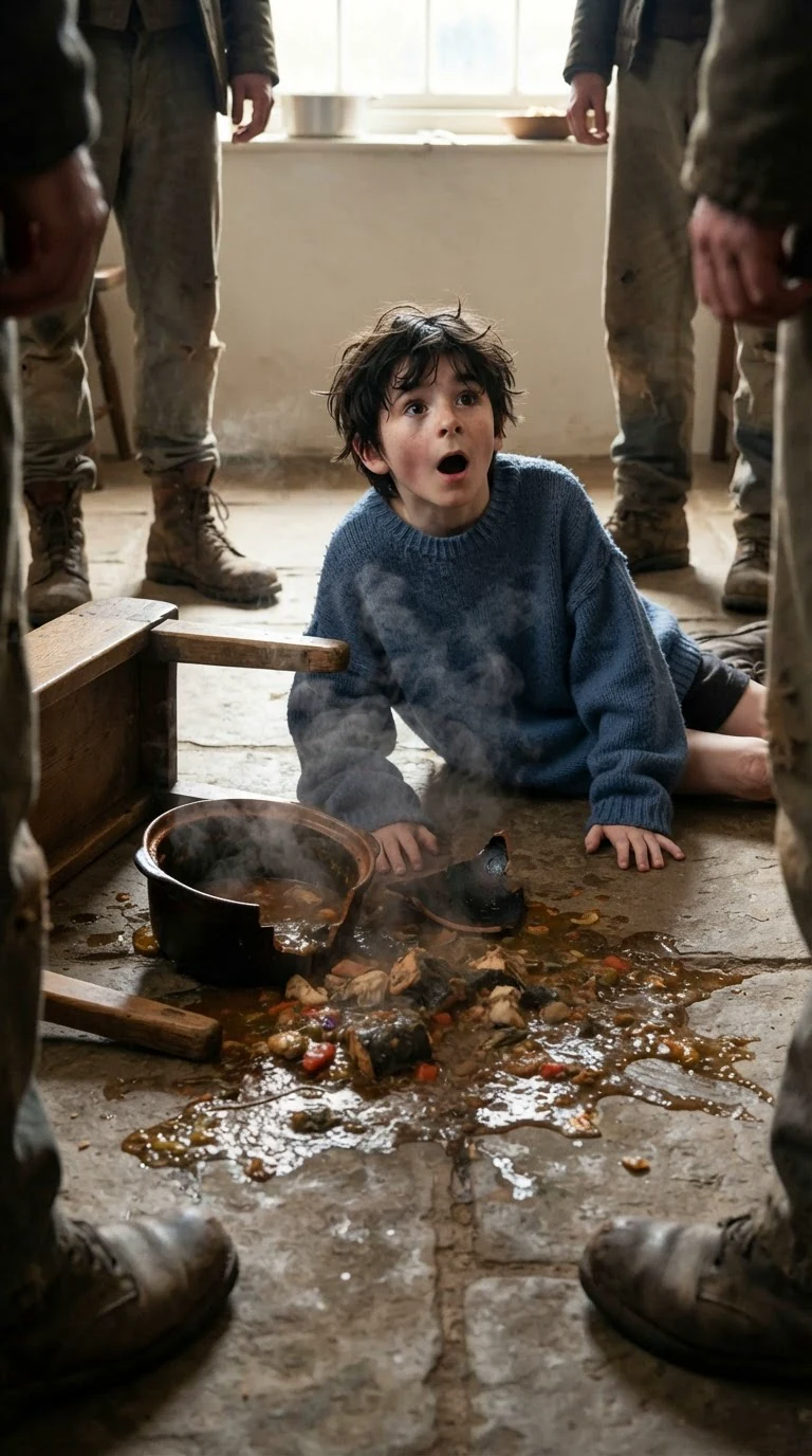Jem sprawls on the floor beside a cracked clay pot, stew sprayed everywhere.