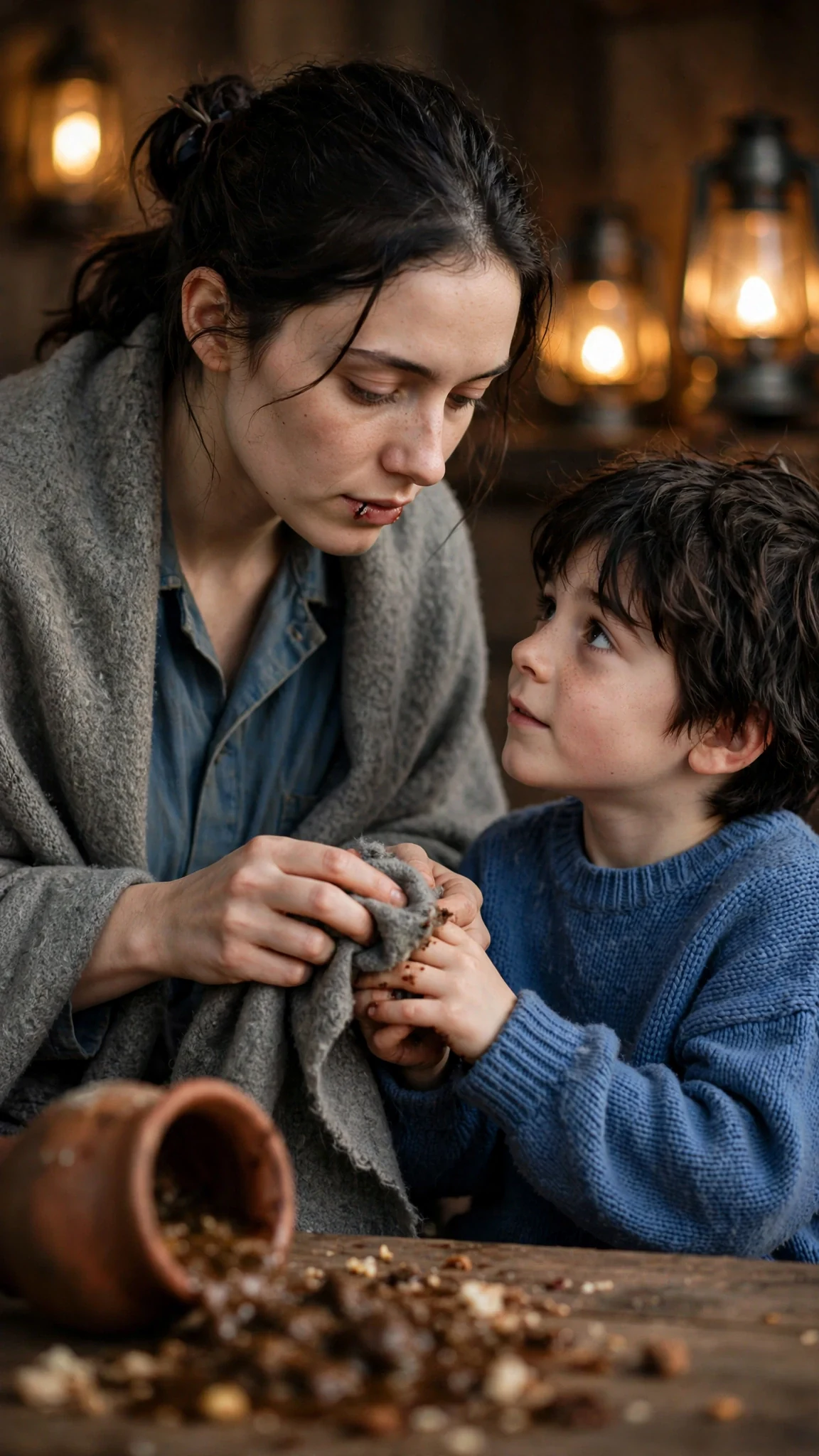Fenna wipes Jem's fingers with the corner of her shawl, bent close to him.