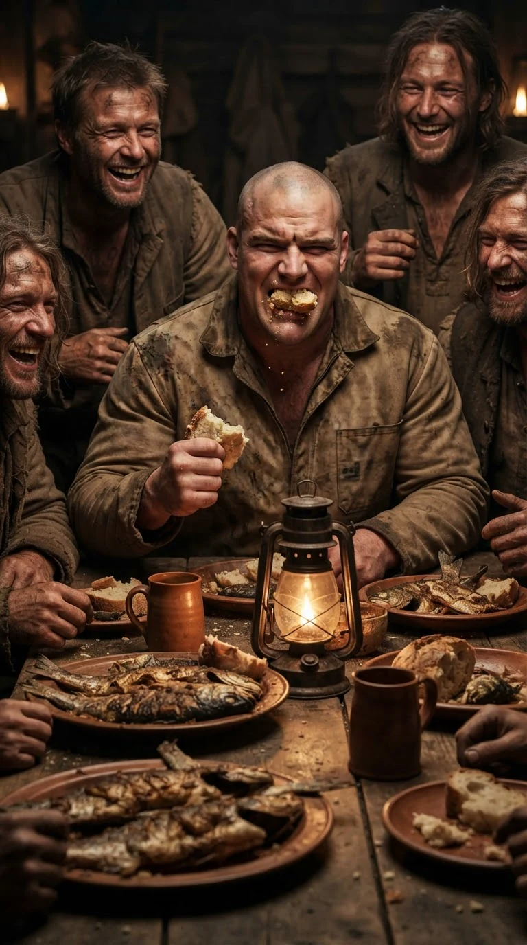 Coburn laughs with his mouth full at a long table while other pack members laugh.