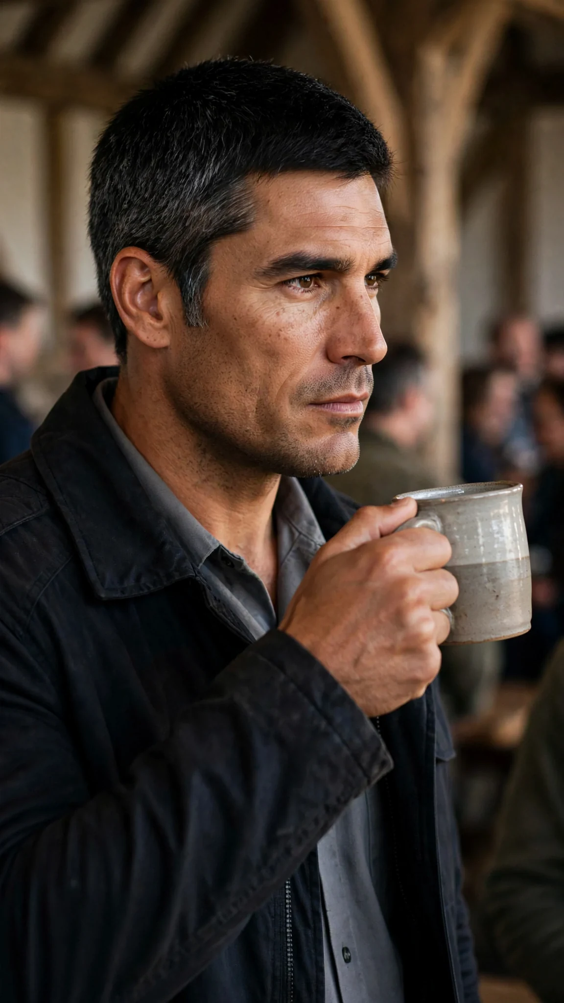 Kester stands at the front of the hall, cup halfway to his mouth, staring across the room.