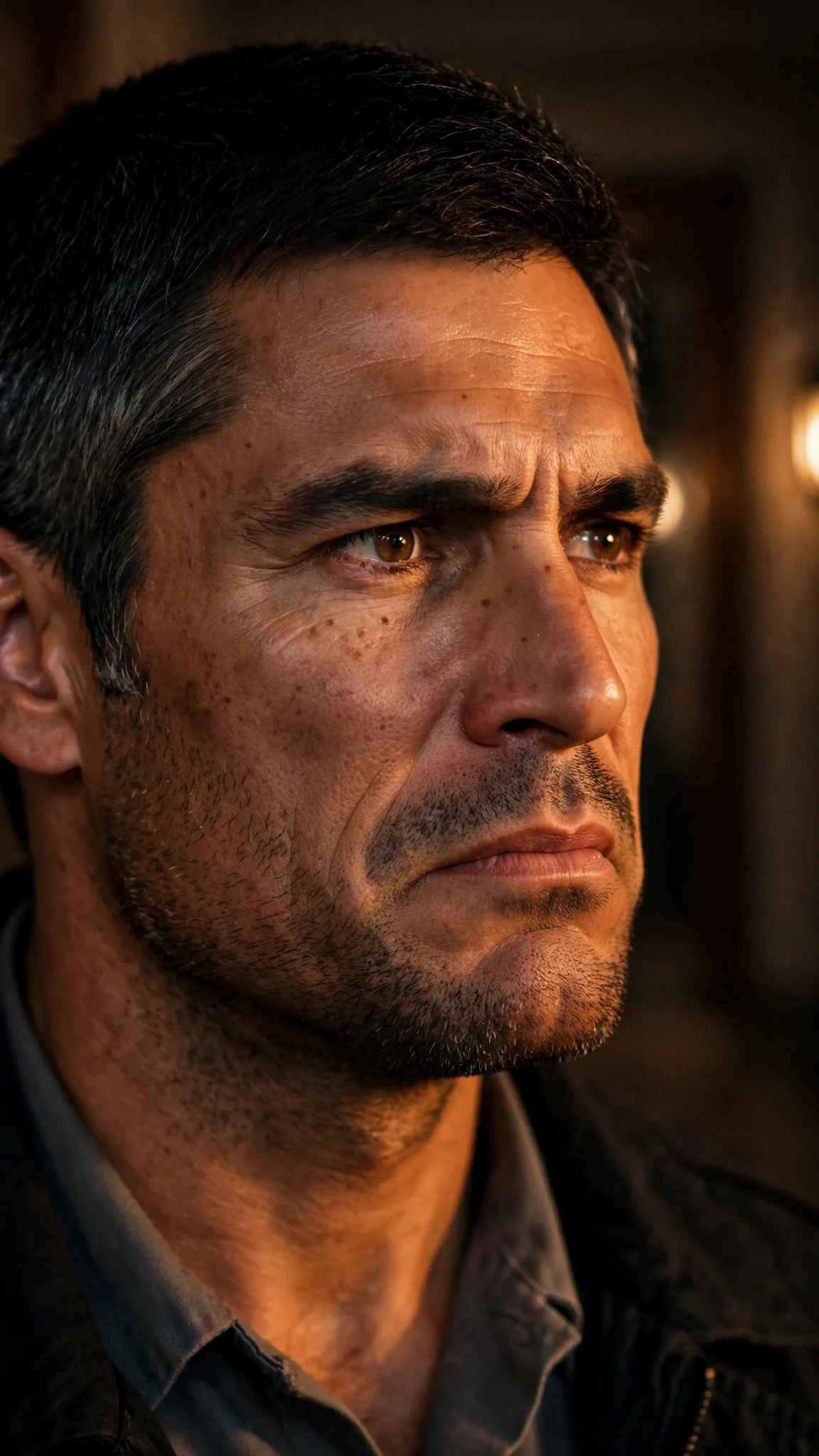Close on Kester's face, his jaw tight, eyes fixed across the hall.