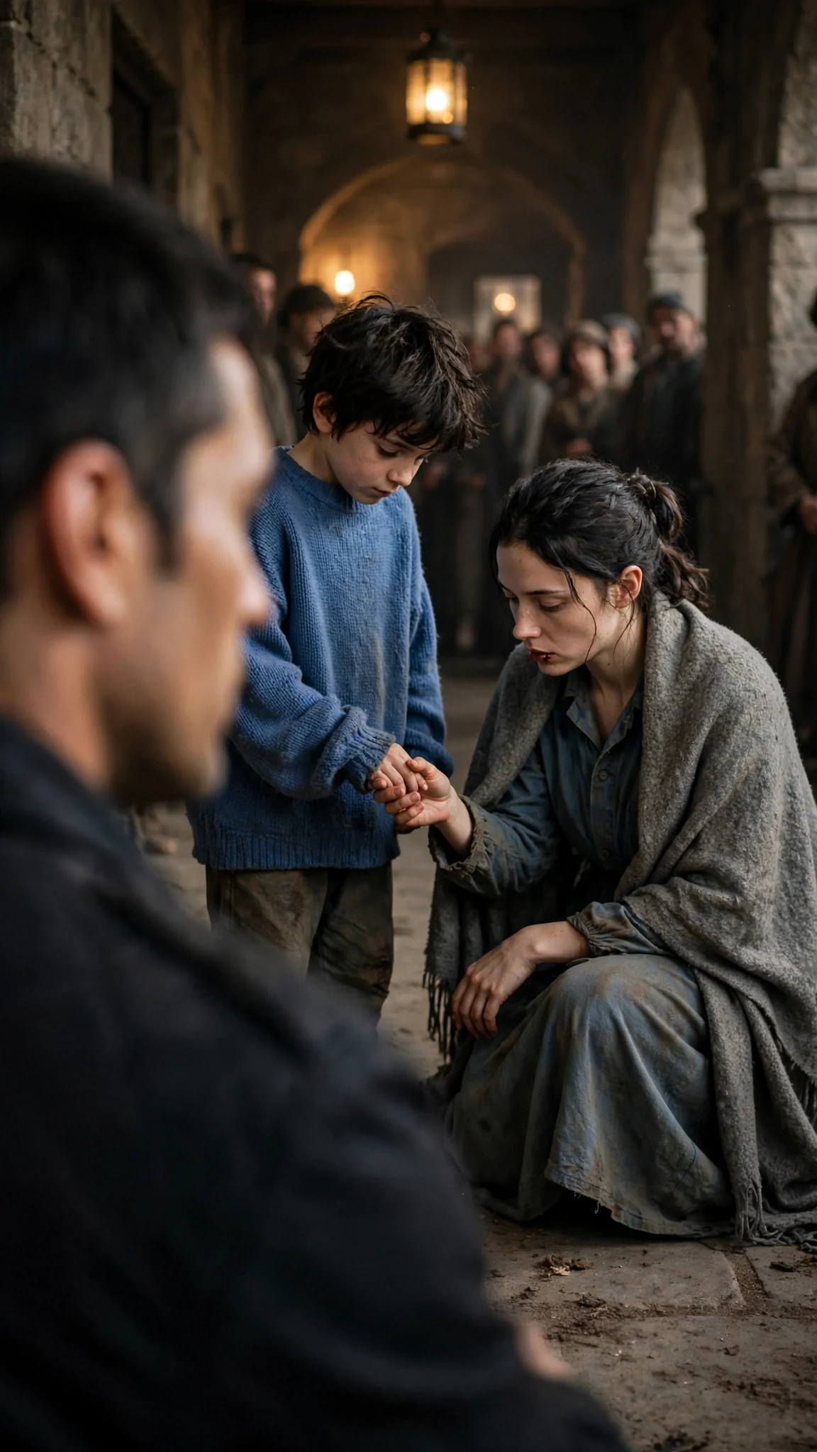 Seen over Kester's shoulder, Fenna kneels on the floor picking up her shawl, Jem beside her.
