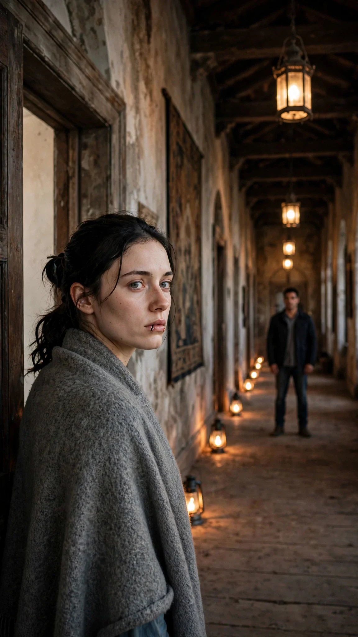 Fenna pauses at the hall doorway and looks back at Kester watching her from the far end.