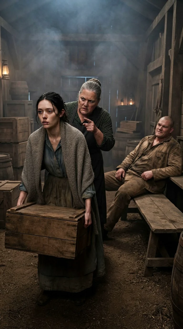 A thin young woman in a shawl stacks wooden crates in a smoky hall while an older woman points at her.