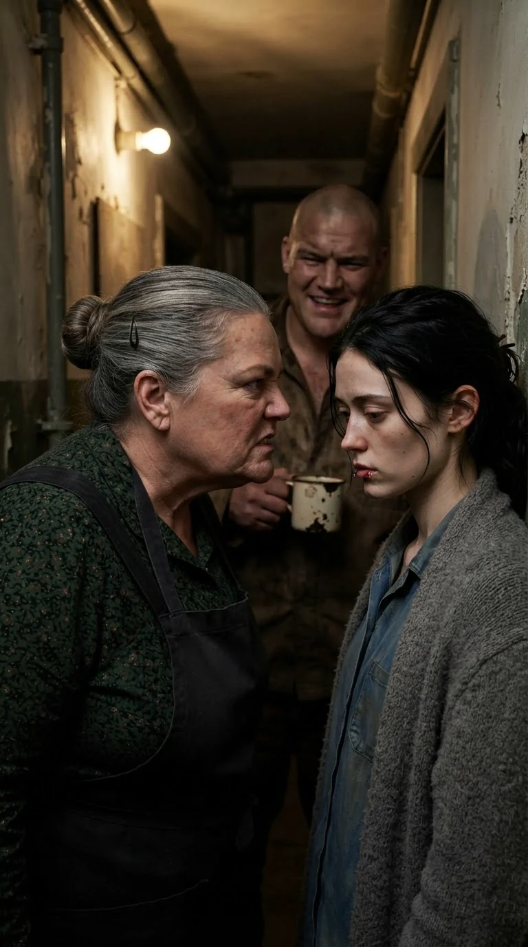 The older woman leans into the young woman's face, mocking, while the shaved-headed man laughs.