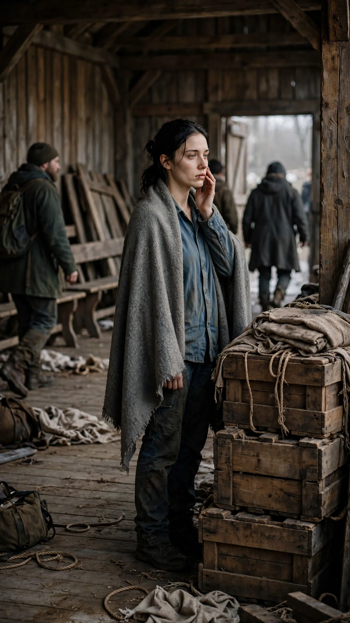 The young woman stands alone in the emptying hall beside a tall stack of crates, holding her shawl.