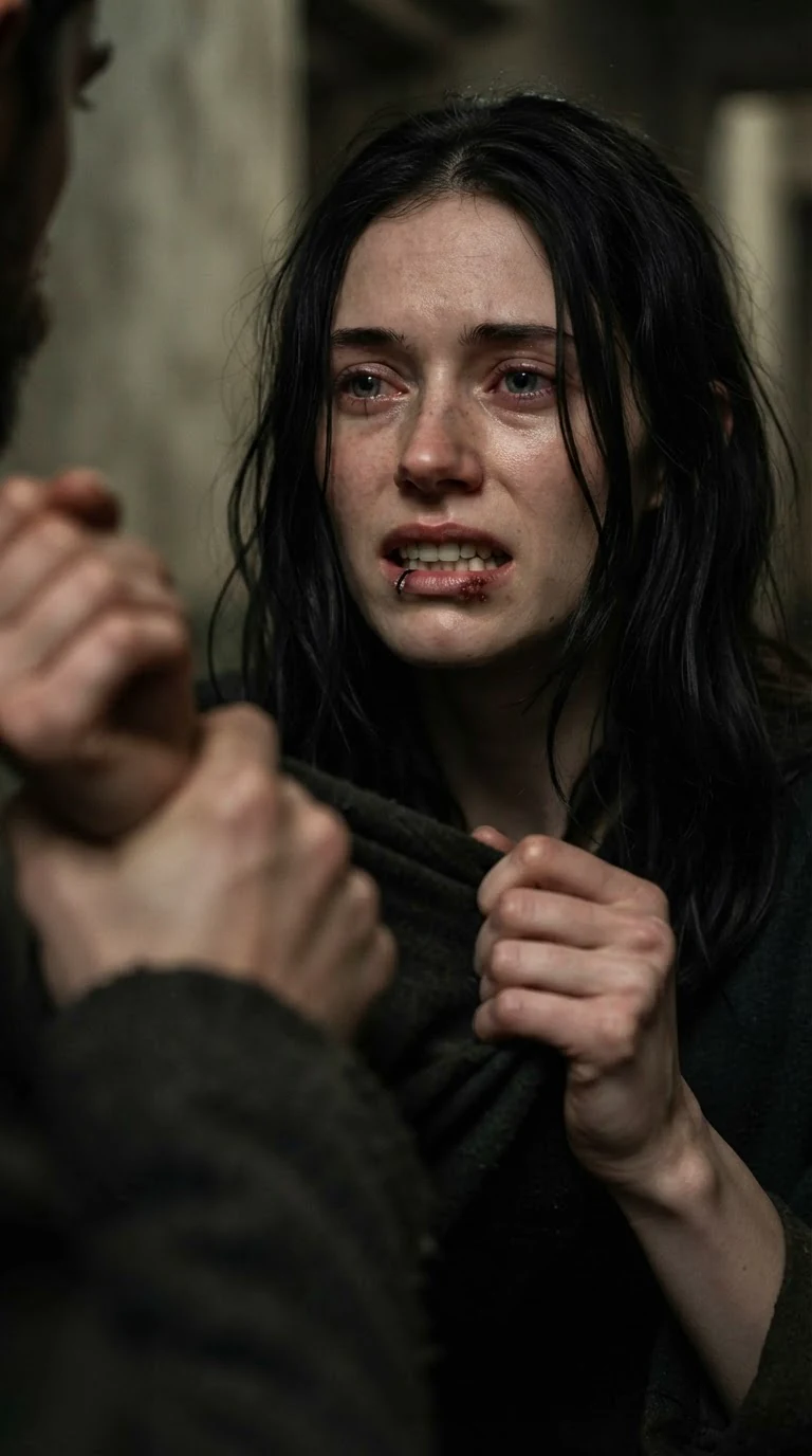 The young woman's face twists with pain as she tries to pull her arm back.