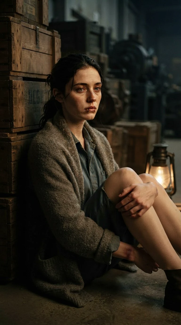 The young woman sinks down against the crates, wrist held against her chest, eyes wet.