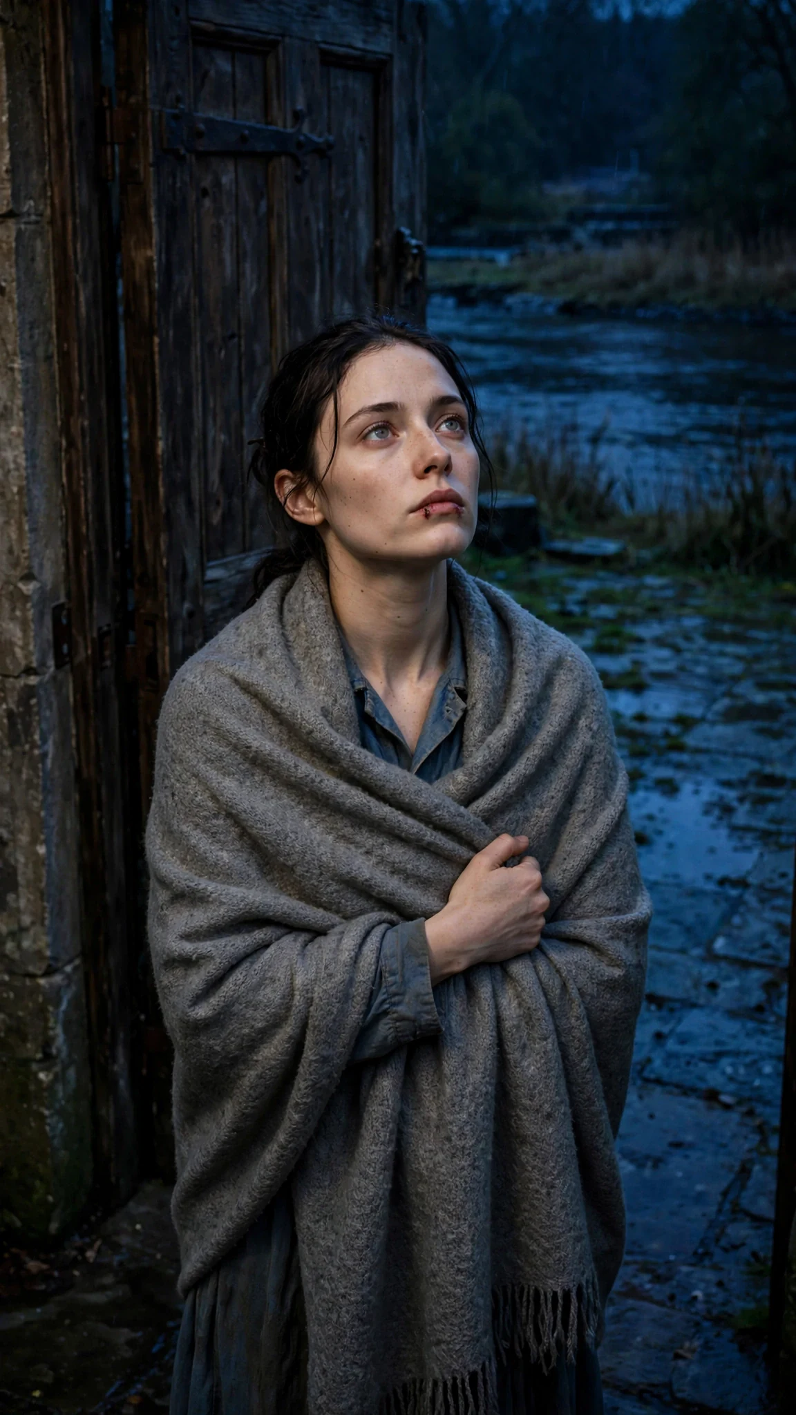 She pushes the hall door open into the dark yard, bruised wrist tucked in her shawl.