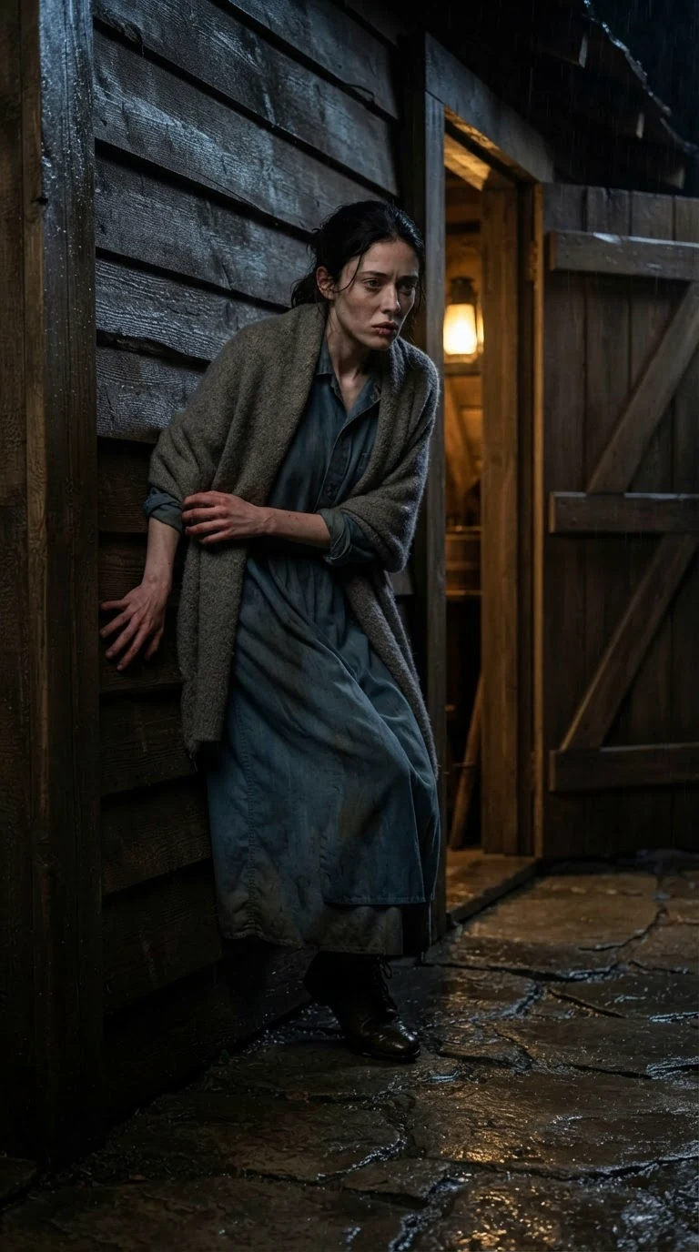 A thin young woman in a shawl slides down the back wall of a wooden hall at night, shaking.