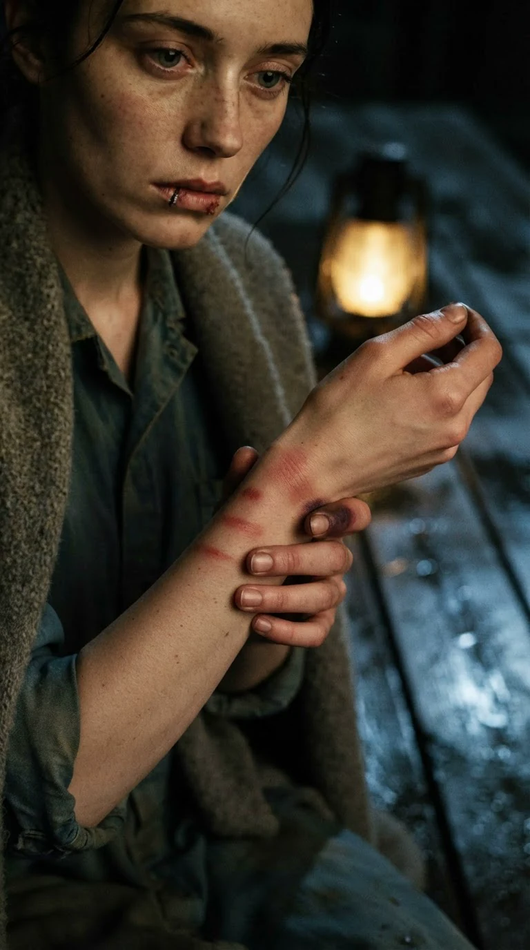 A woman's wrist shows four red finger marks in the lantern light.