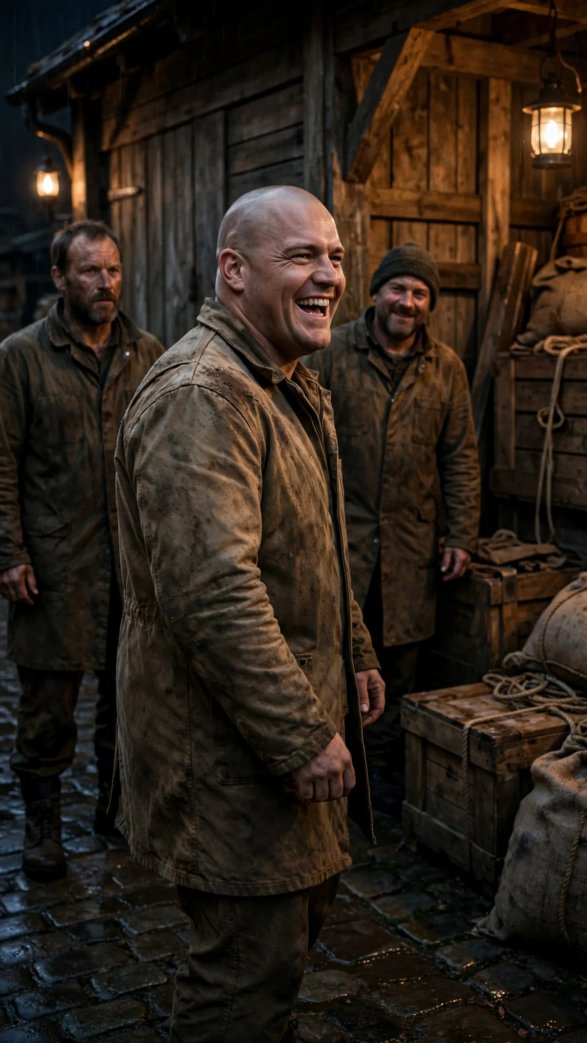 A thick-necked man with a shaved head laughs around the corner of the hall at two friends.