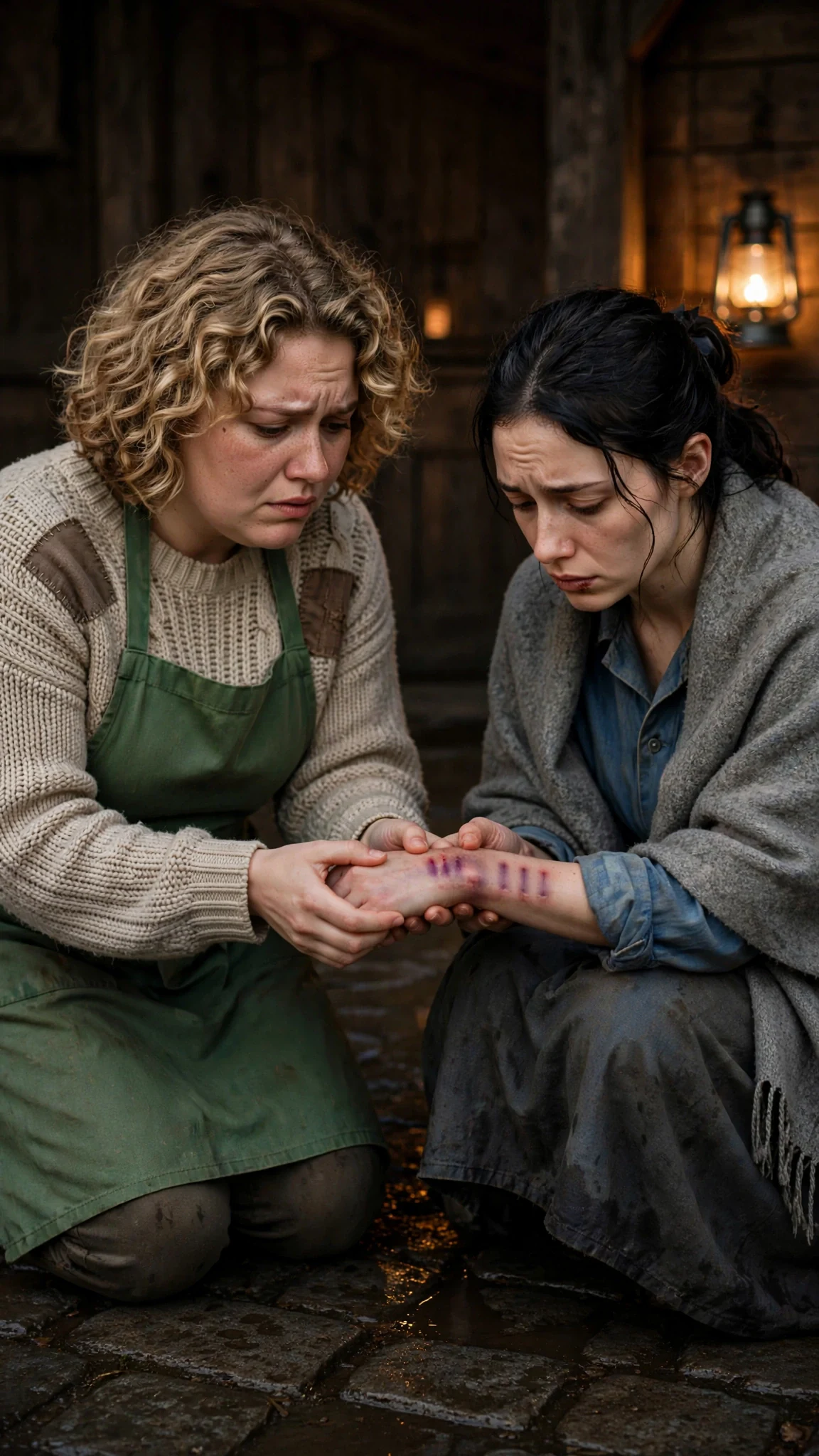 Pella holds Fenna's shaking hands and stares at the marked wrist.