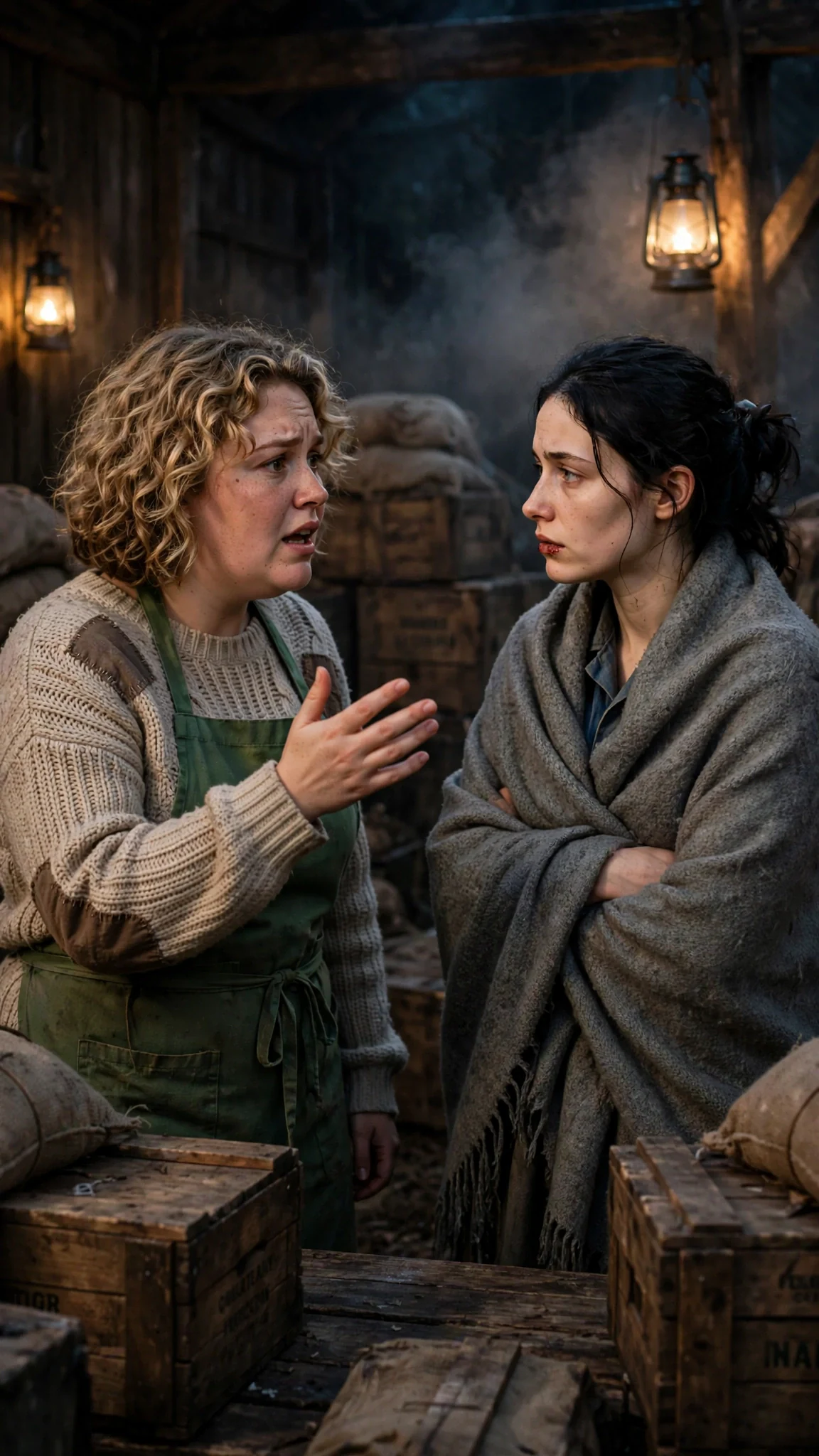 Pella talks fast and low while Fenna listens, shawl pulled tight.