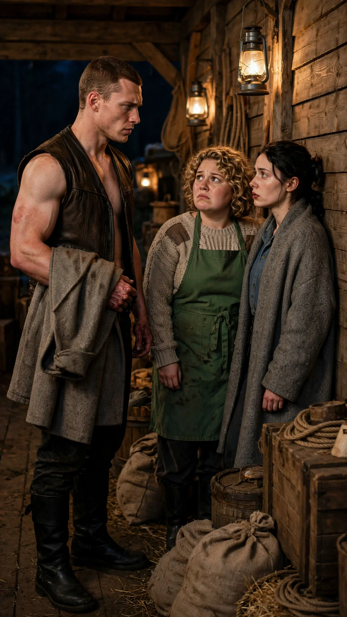Fergus stops dead with a coat over his arm, looking between the two women.
