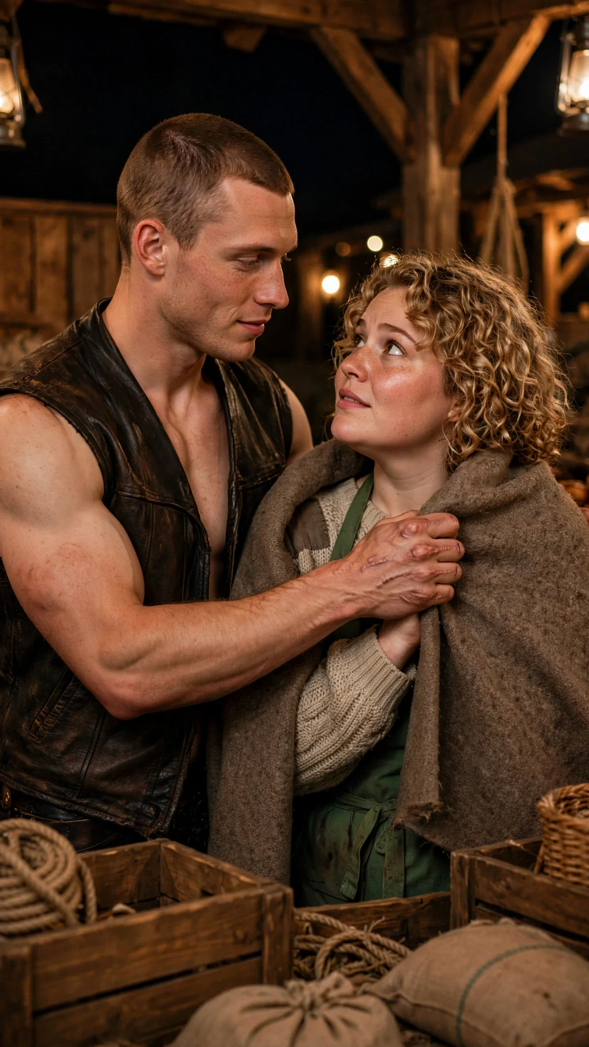 Fergus settles a coat over Pella's shoulders and their eyes catch.