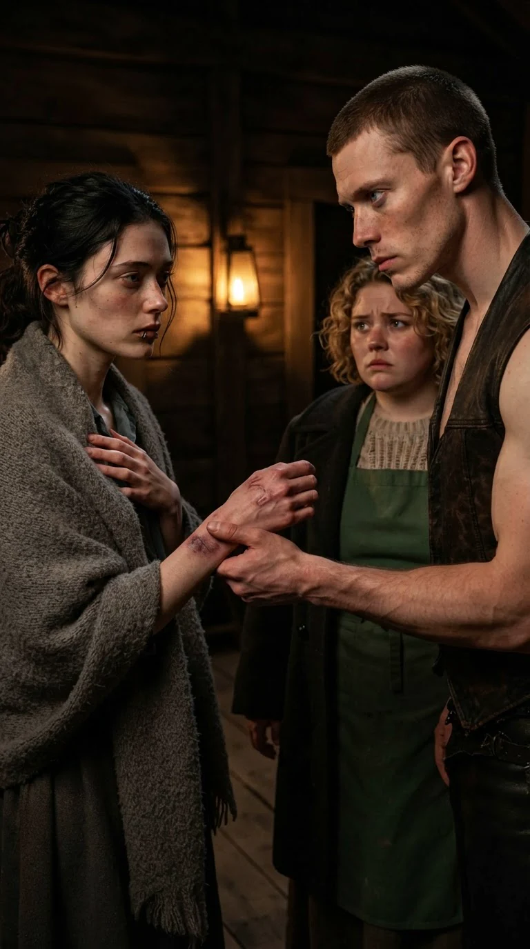 Fergus's jaw tightens as Fenna holds her bruised wrist against her body.