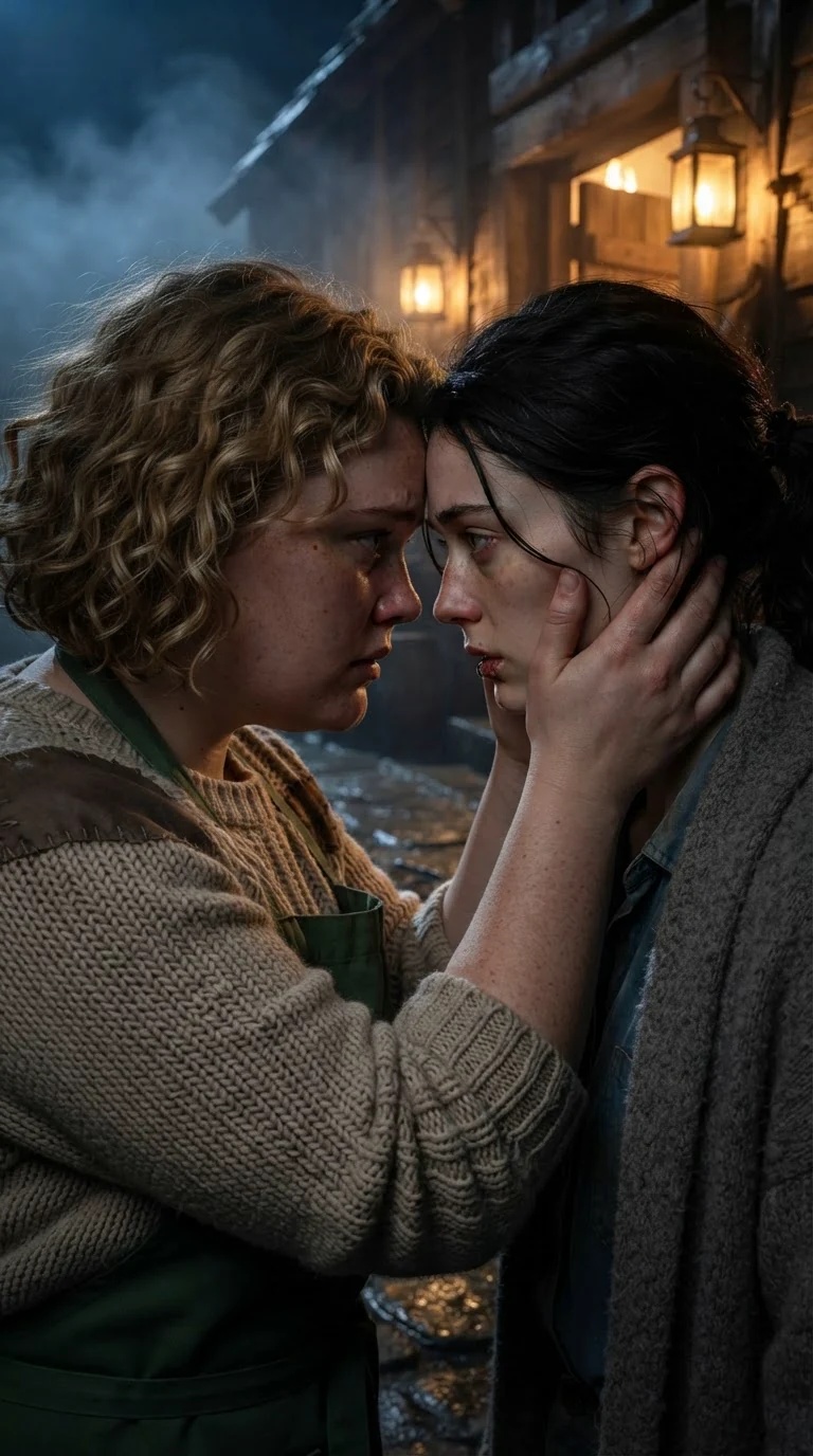 Pella holds Fenna's face in both hands, foreheads close.