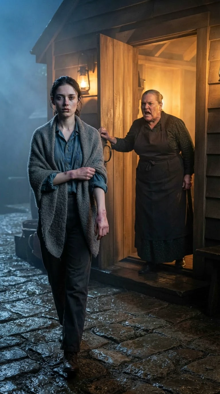 Fenna walks toward a lit doorway where a heavy-set woman stands shouting.