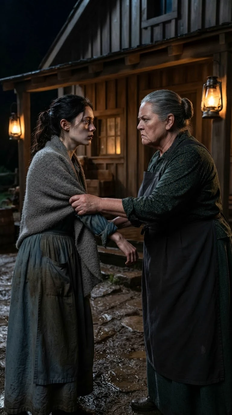 Trudie's hand clamps hard on Fenna's arm in the dark yard outside the pack hall.