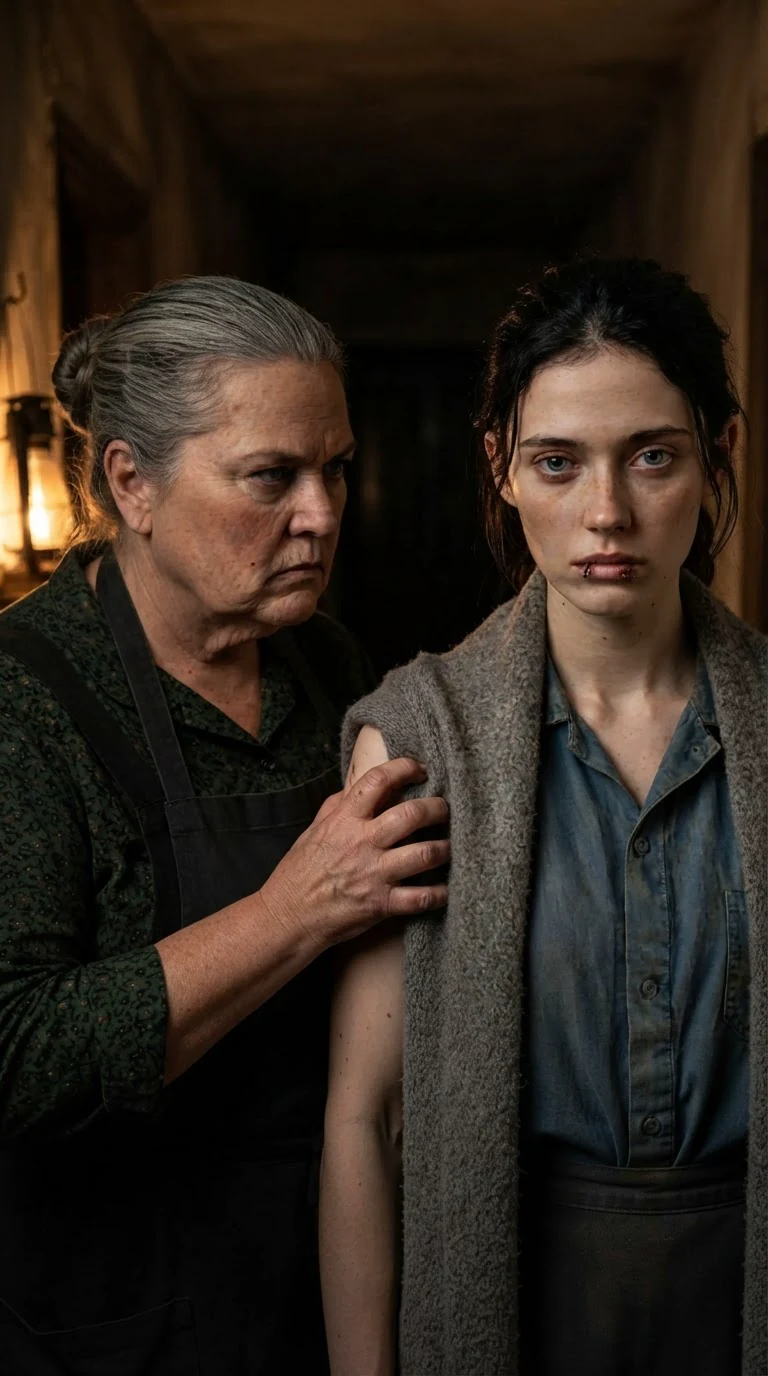Close view of Fenna's numb arm in Trudie's grip as she is pulled through the doorway.