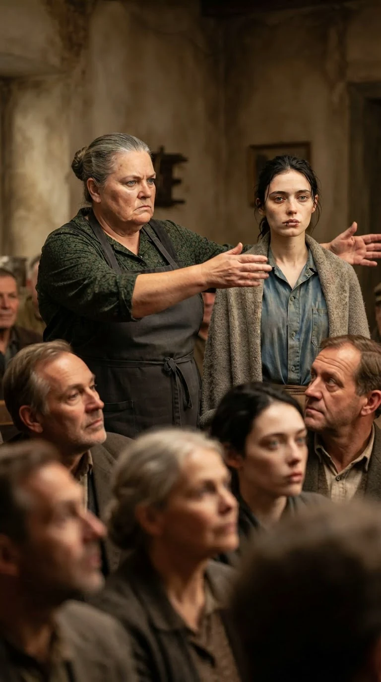 Trudie gestures at Fenna in front of the seated pack, sneering.