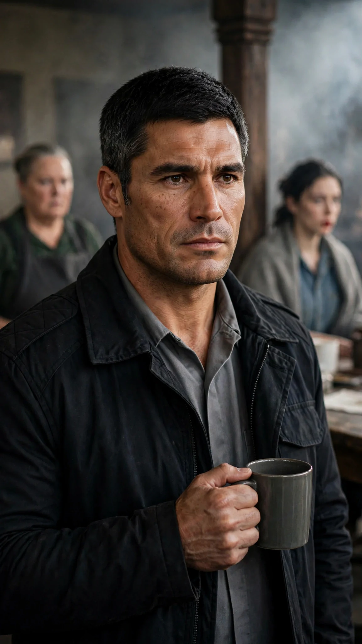 Kester stands at the front of the hall, cup in hand, jaw tight, staring at the scene.