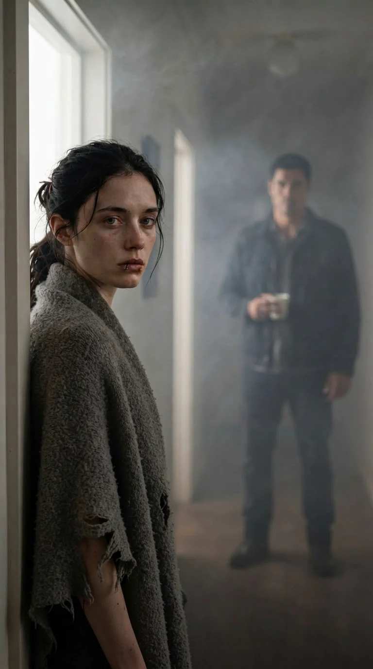 Fenna looks back once from the doorway at Kester across the hall.