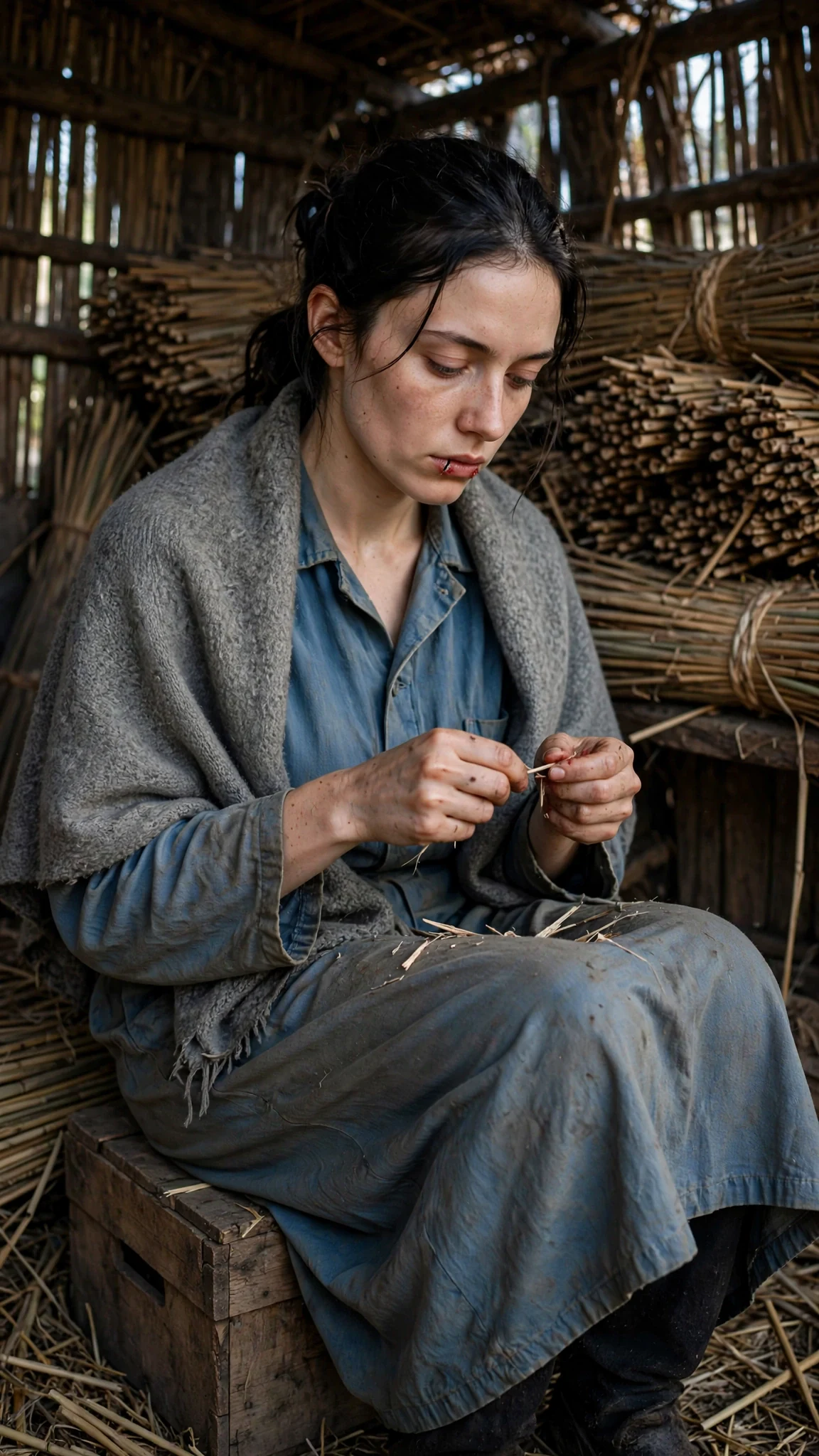 Fenna sits in the dim reed shed at dawn, picking splinters from her fingers.