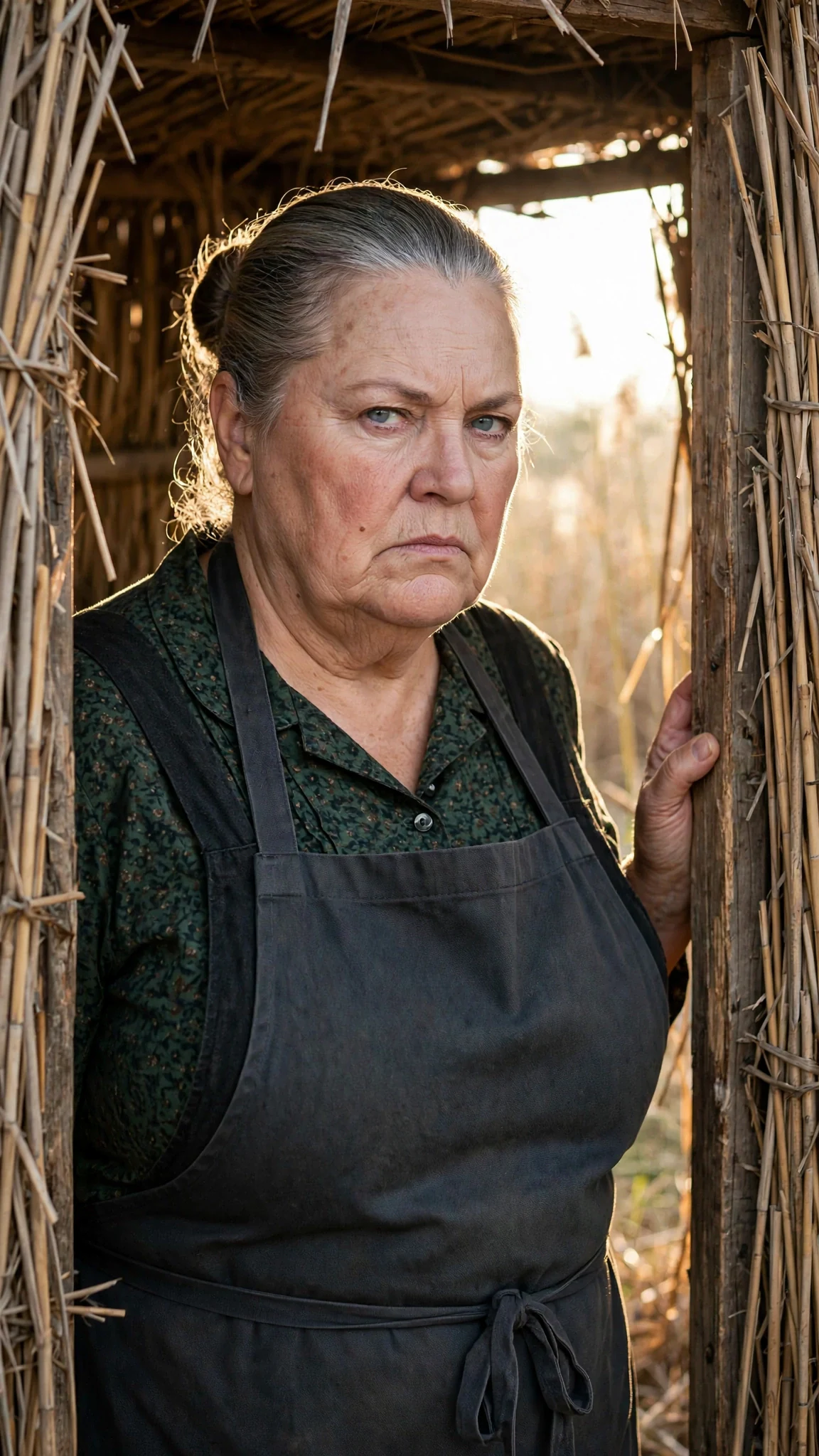 Trudie stands in the shed doorway with cold pale eyes and her hair in a tight bun.