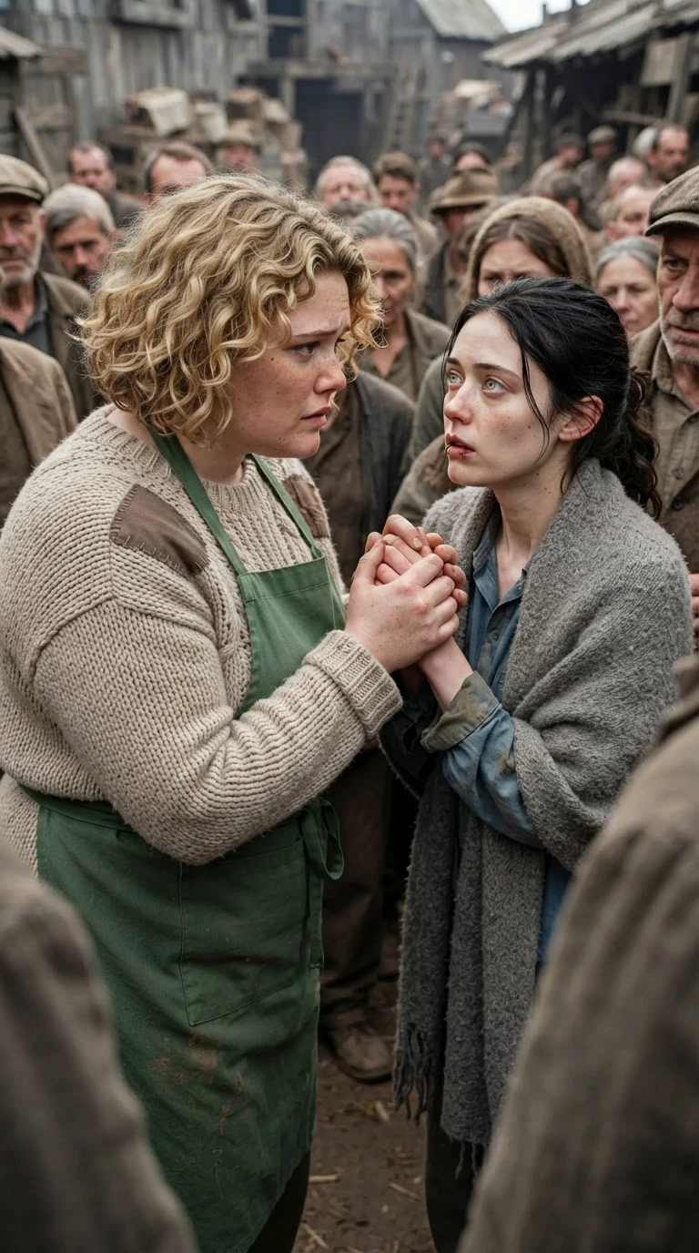 Pella grips Fenna's hand tightly and looks her in the eye.