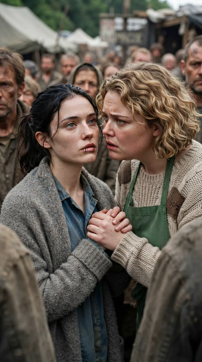 Fenna's face lifts with a fragile hope while Pella holds her hands.