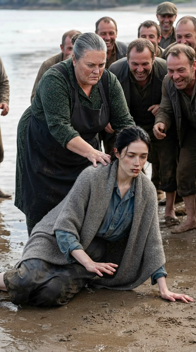 Trudie shoves Fenna onto the sand in front of the watching pack.