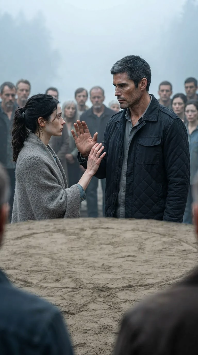 Kester raises his hand toward Fenna across the sand, and she lifts hers to meet it.