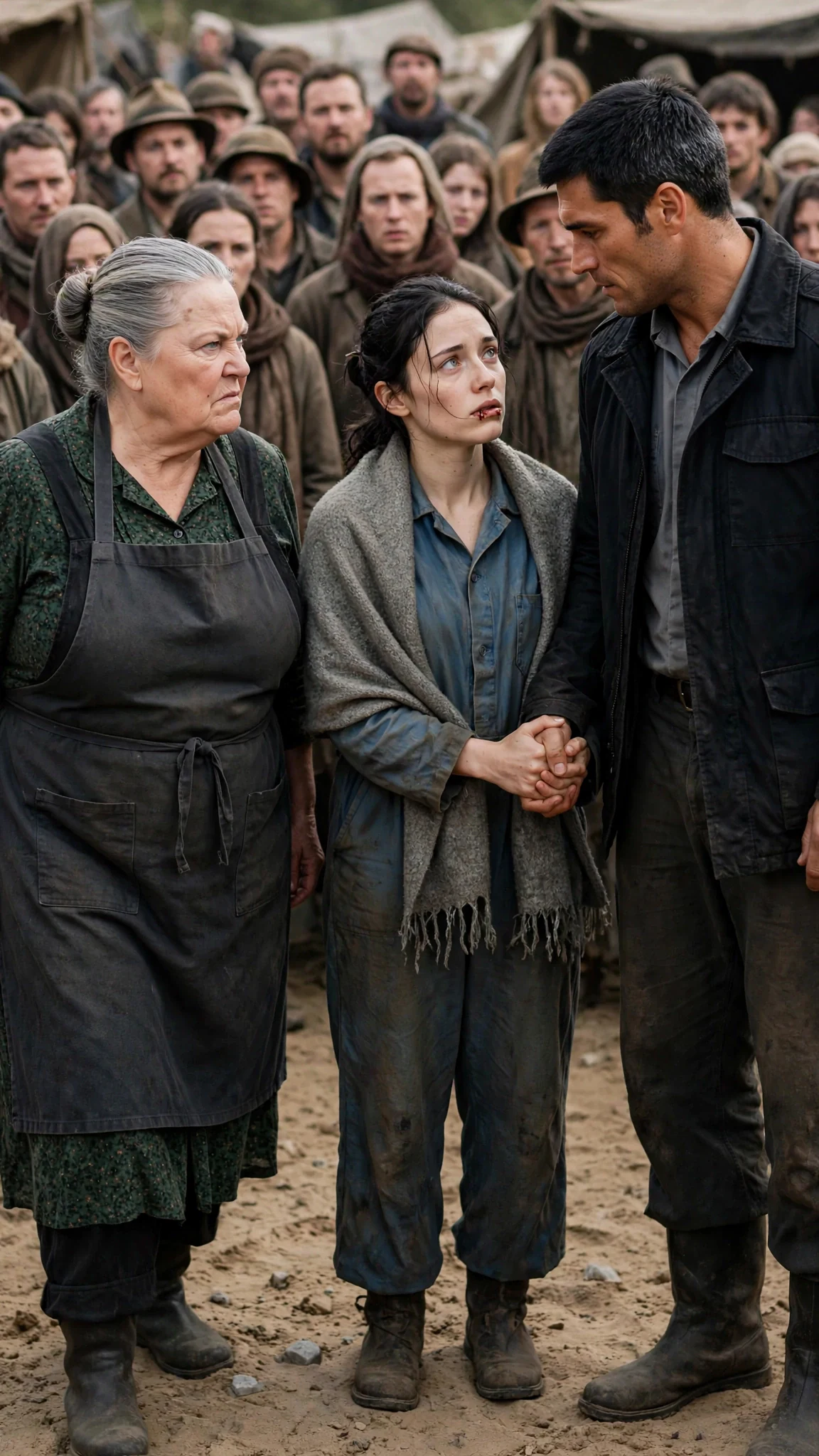 Trudie steps back as Fenna and Kester stand hand in hand before the silent pack.
