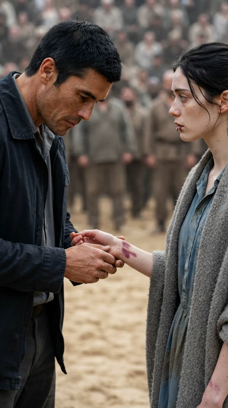 Kester stares at the purple handprint on Fenna's wrist, fear on his face.
