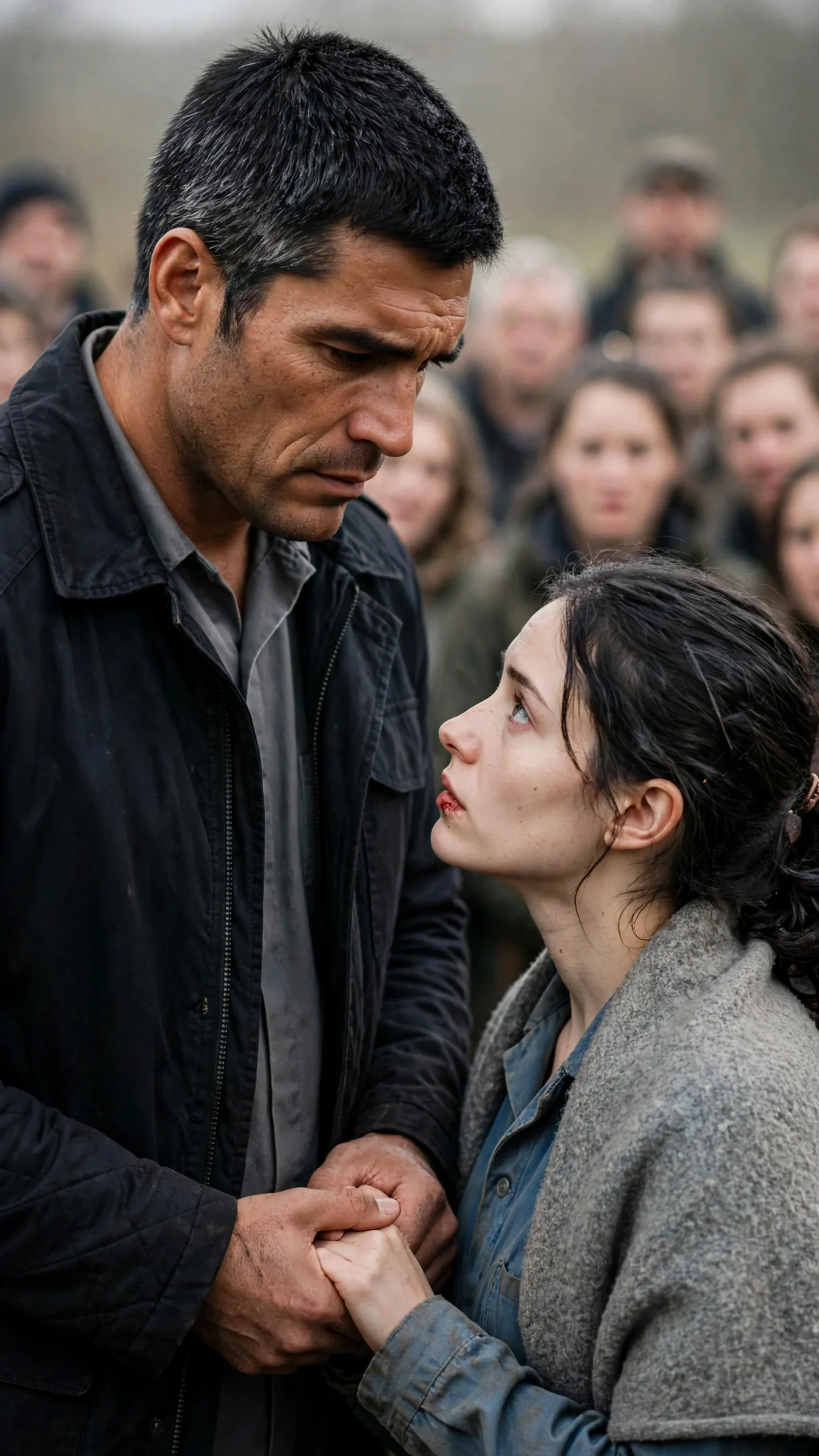 Kester looks at Fenna with fear under his hard expression, still holding her hand.