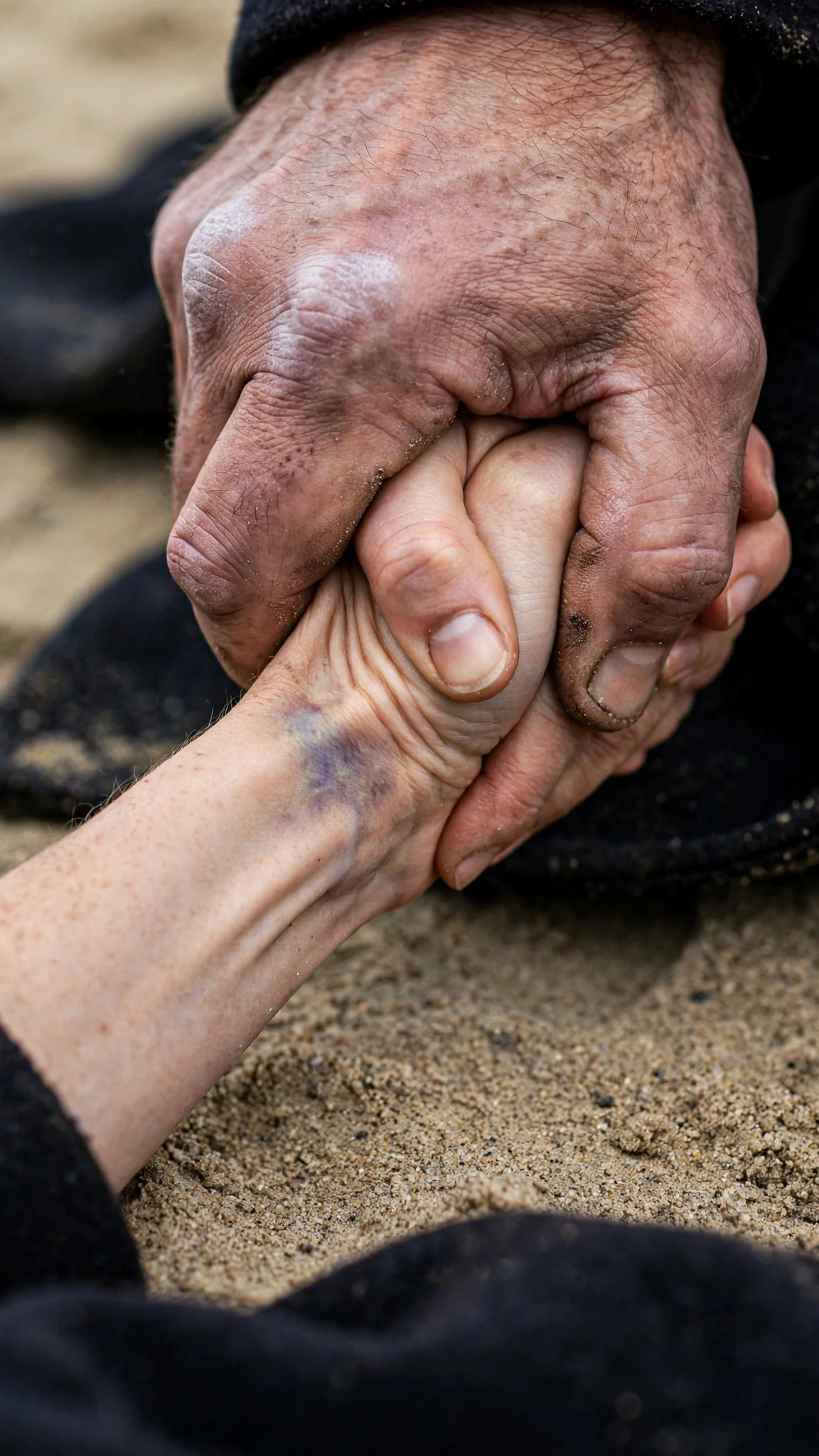 Close-up of his knuckles going white around her small hand, her wrist bending.