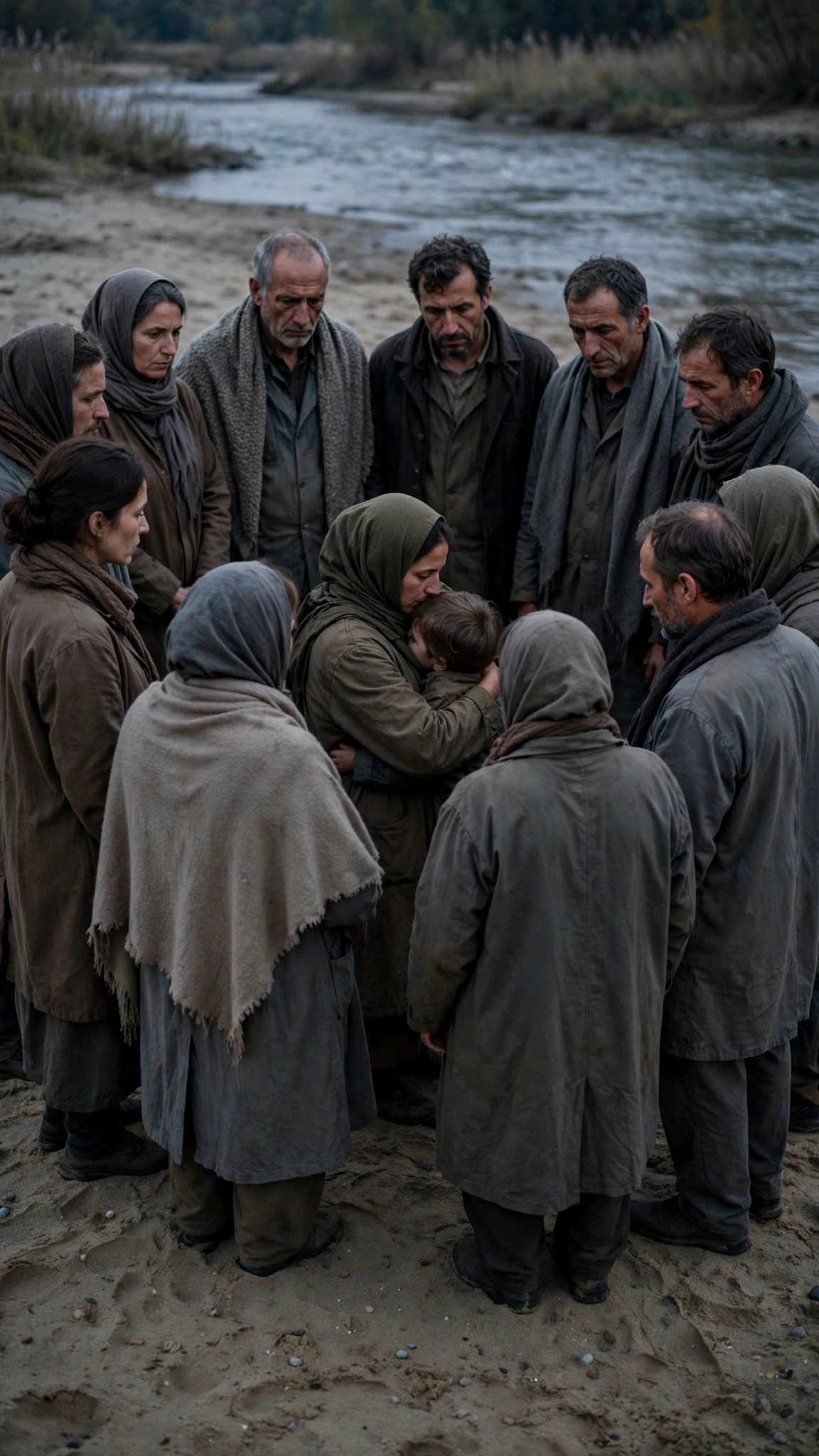 A silent ring of pack members staring, one woman hushing a child.