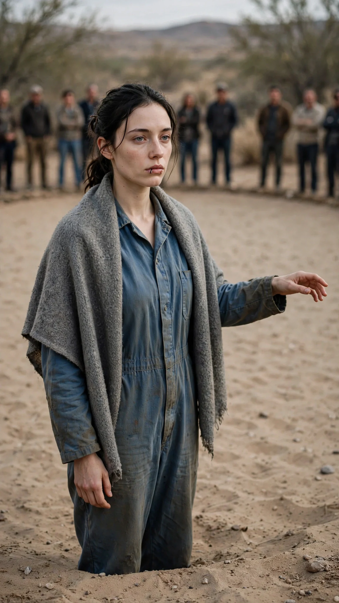 The young woman alone on the sand with her empty hand still out in front of her.