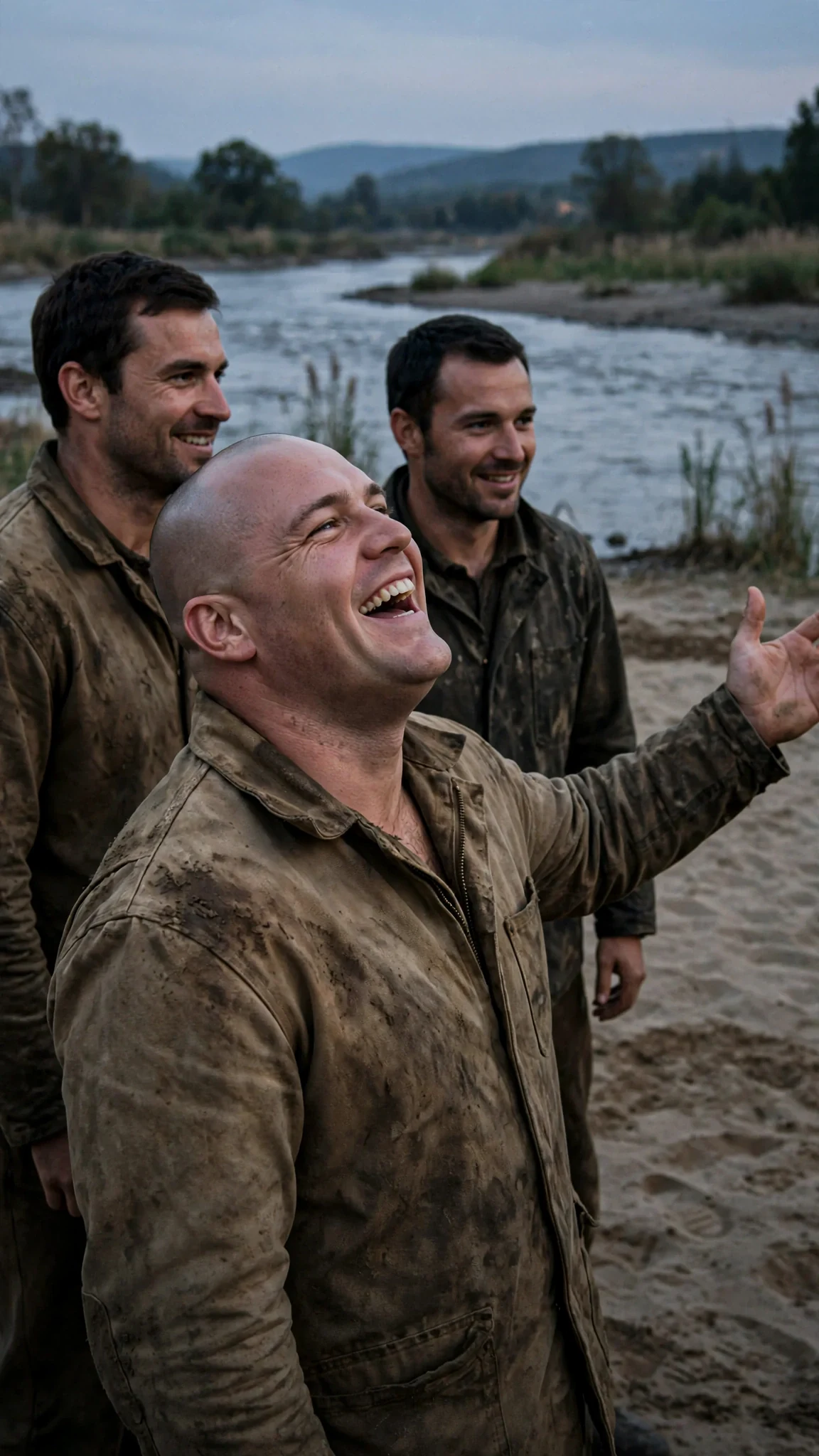 A thick-necked man laughing on the sand, mouth open, small greedy eyes.