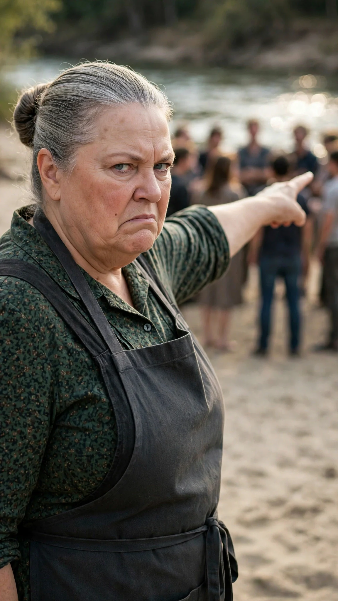 A heavy-set older woman in a dark apron pointing at the young woman on the sand.