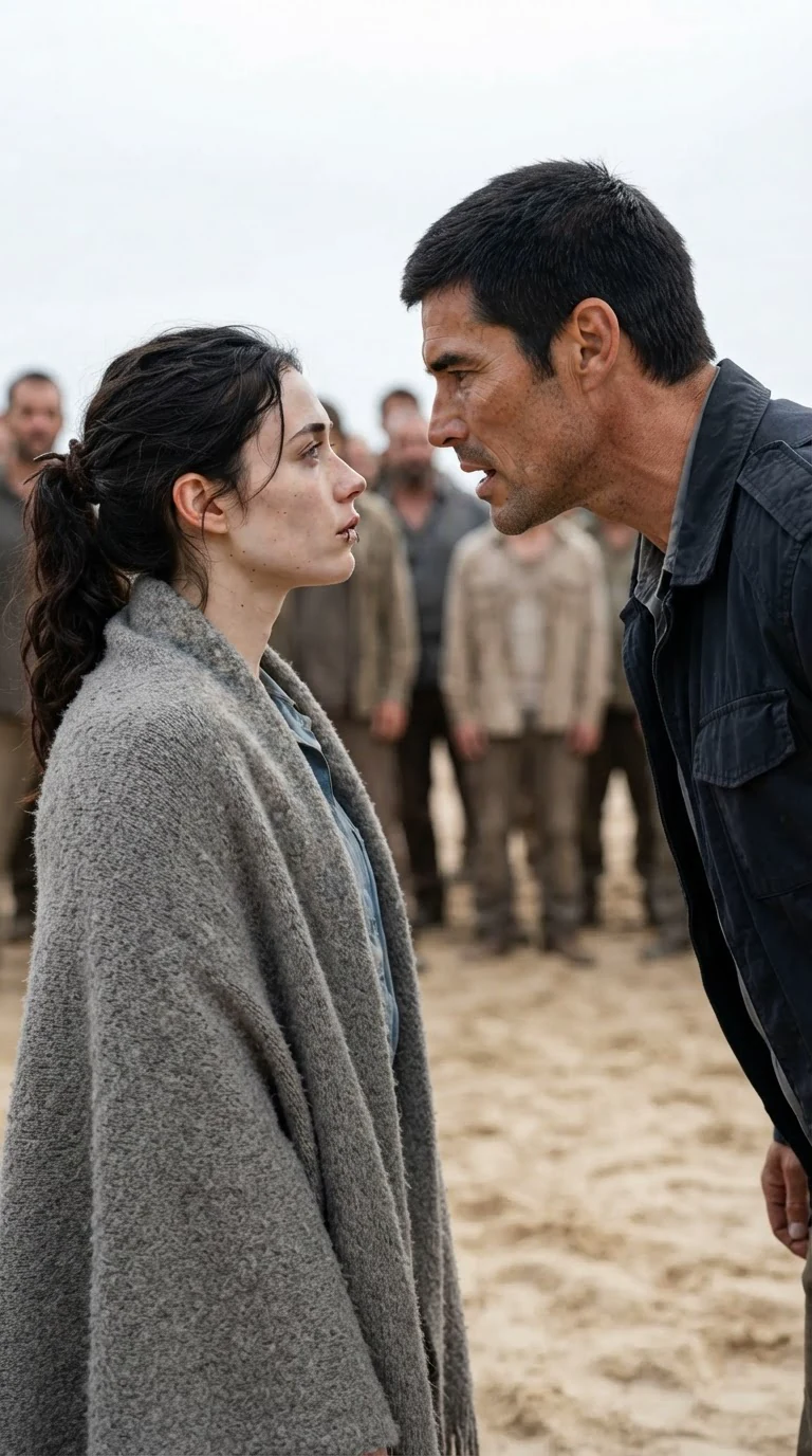The Alpha speaking low and hard to the young woman on the sand.