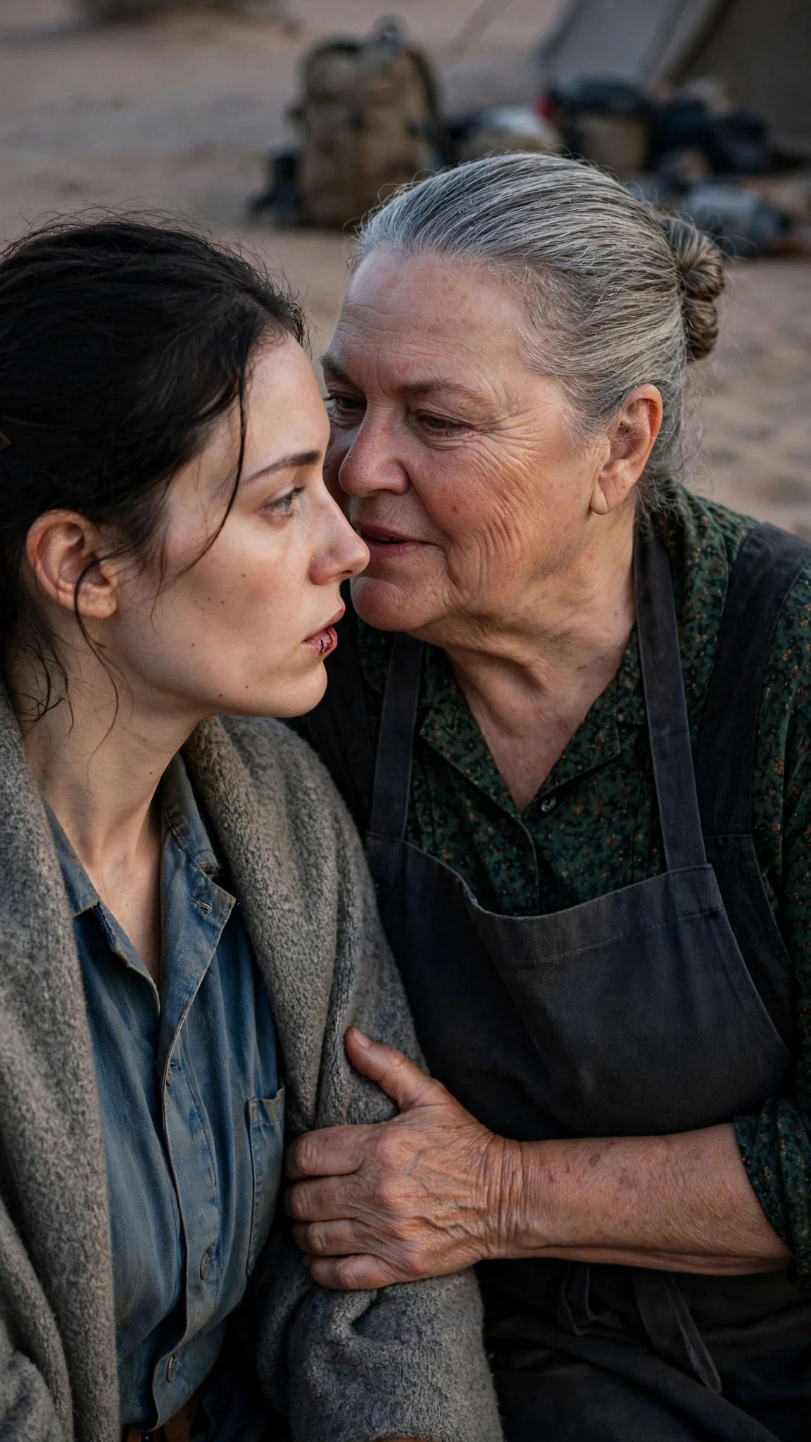 The older woman's mouth close to the young woman's ear, speaking a threat, her eyes hard and cold.