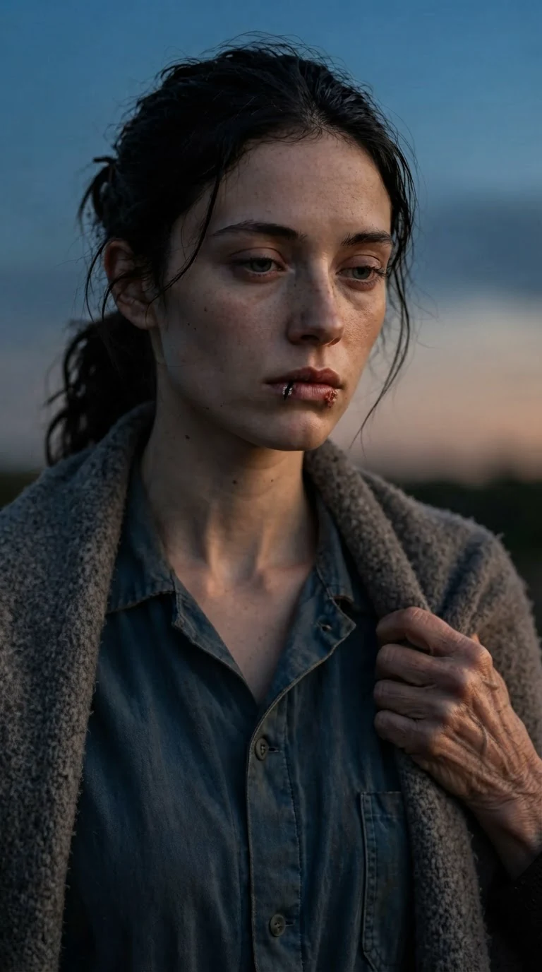 The young woman held still by the arm, eyes lowered, going limp and small.