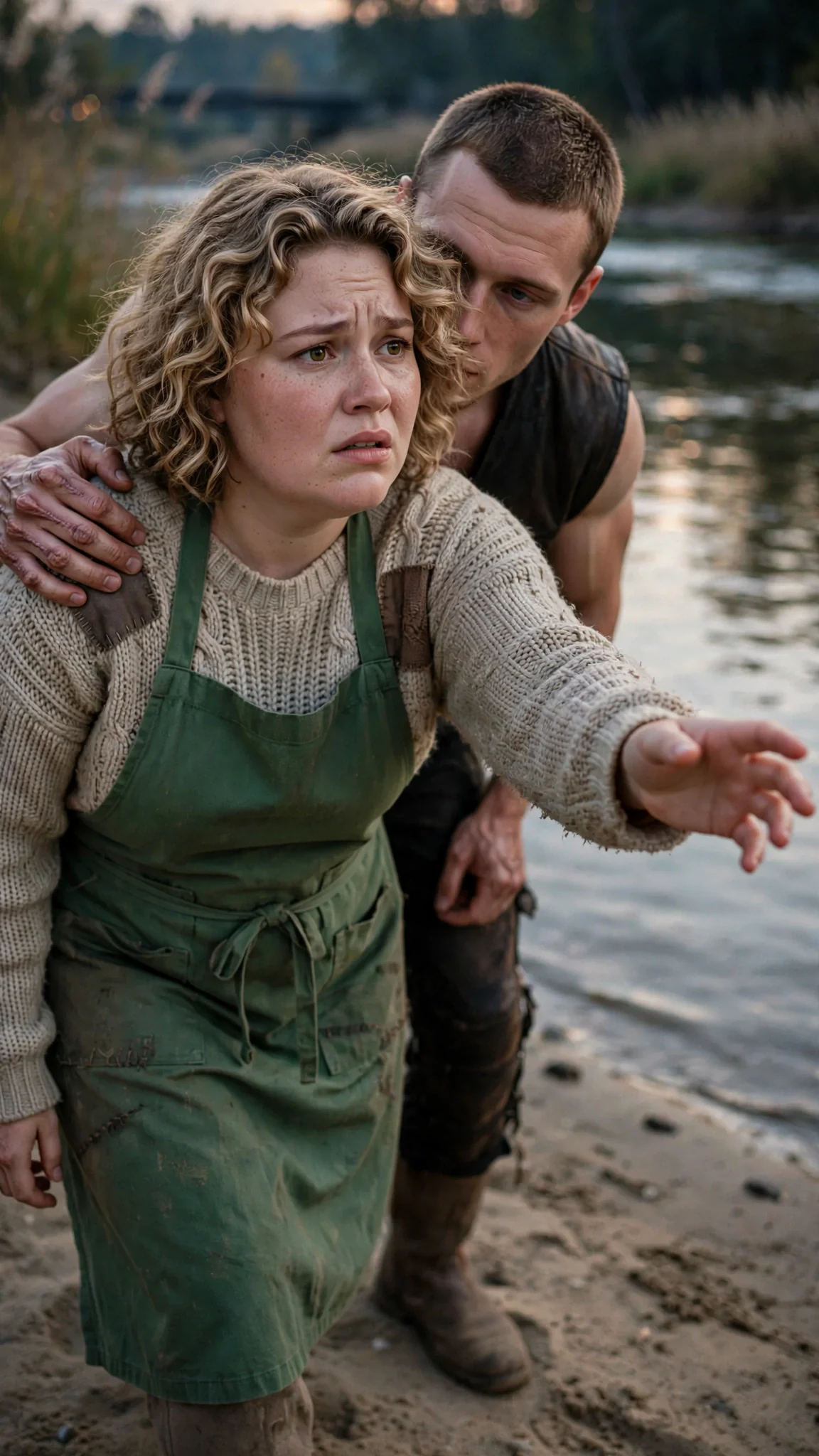 A round-faced woman in a green apron stepping forward, a scarred fighter's hand holding her back.