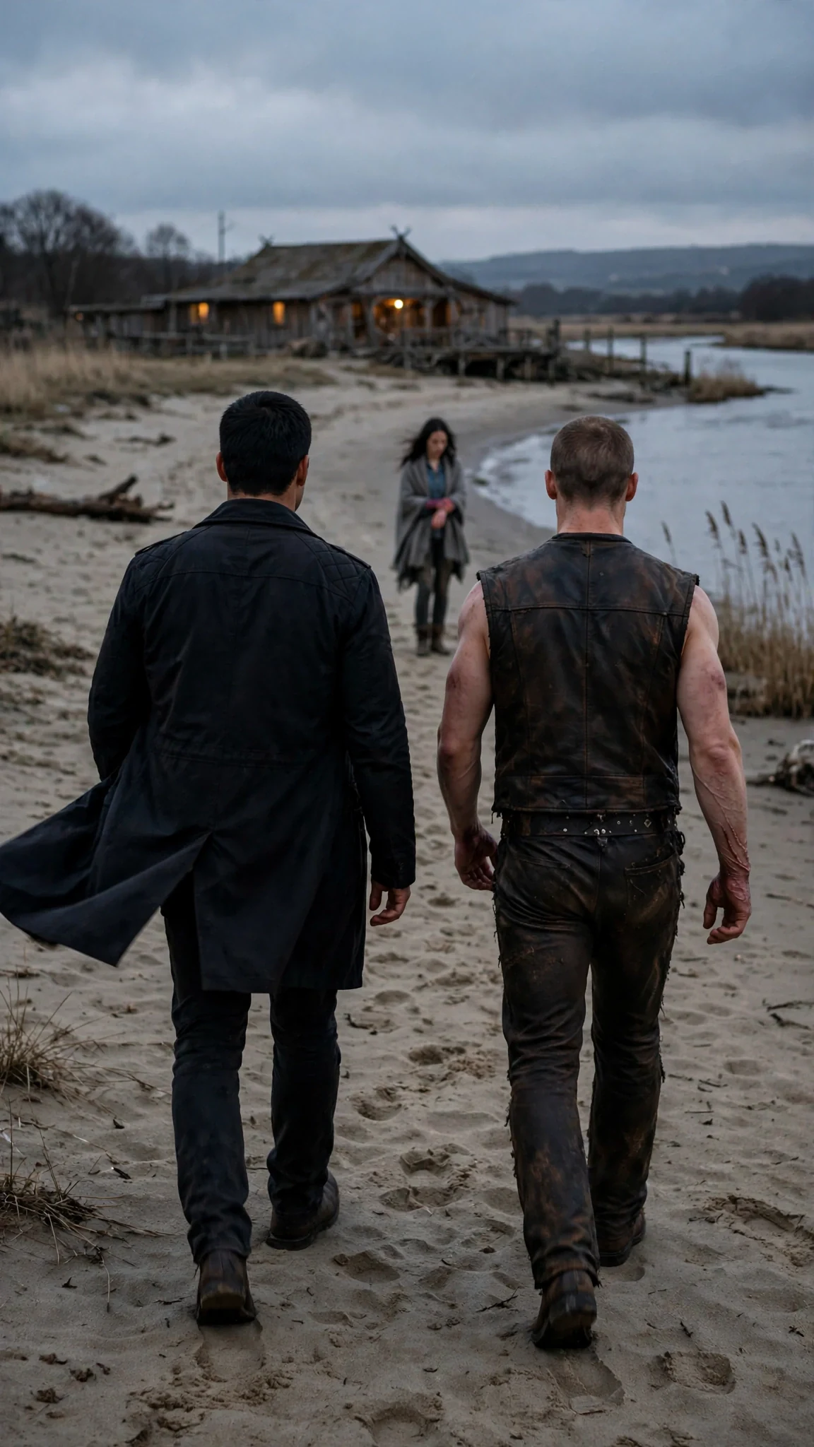 The Alpha walking away toward the hall with his fighters, the woman alone behind him.
