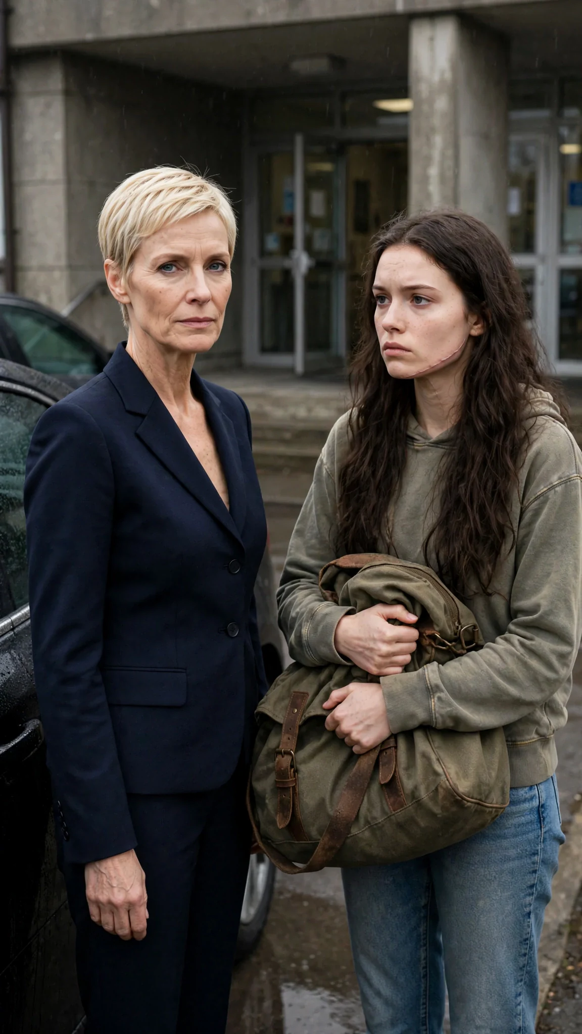 A polished blonde woman in a campaign suit waits by a dark sedan outside a county care building while a hooded young woman holds a duffel bag.