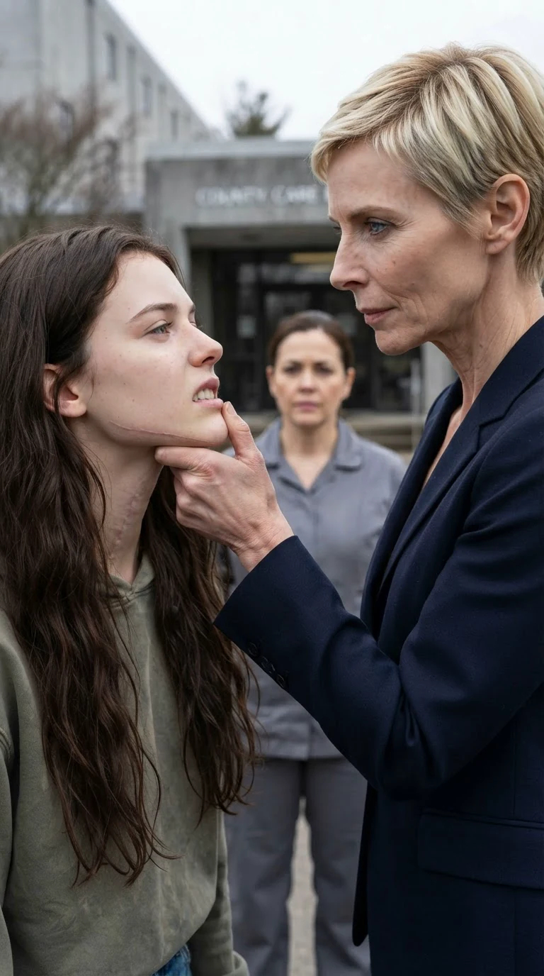Delia grips Sienna's chin with her nails, turning her scarred jaw toward the gray light while a care worker watches.